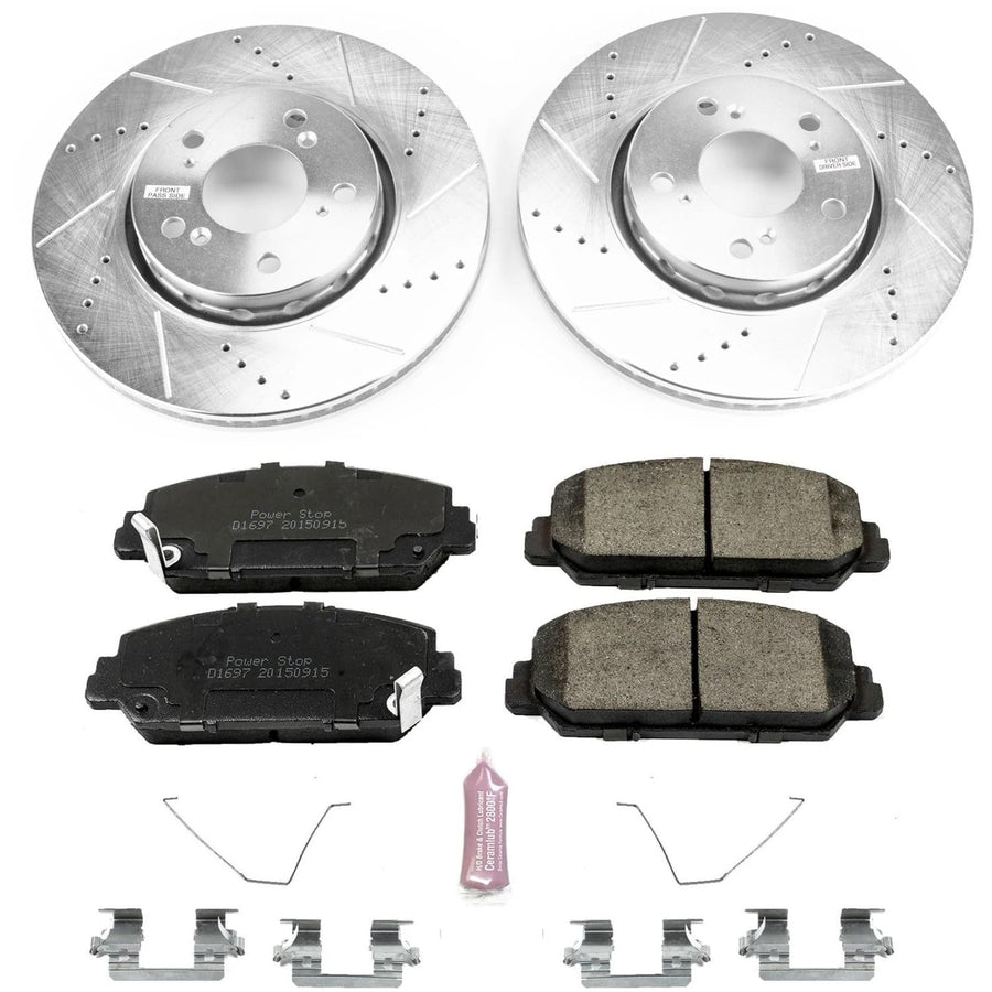 Power Stop K6955 Z23 Carbon Fiber Brake Pads with Drilled & Slotted Brake Rotors Kit For Acura RLX 2014-2020 [Model Specific]