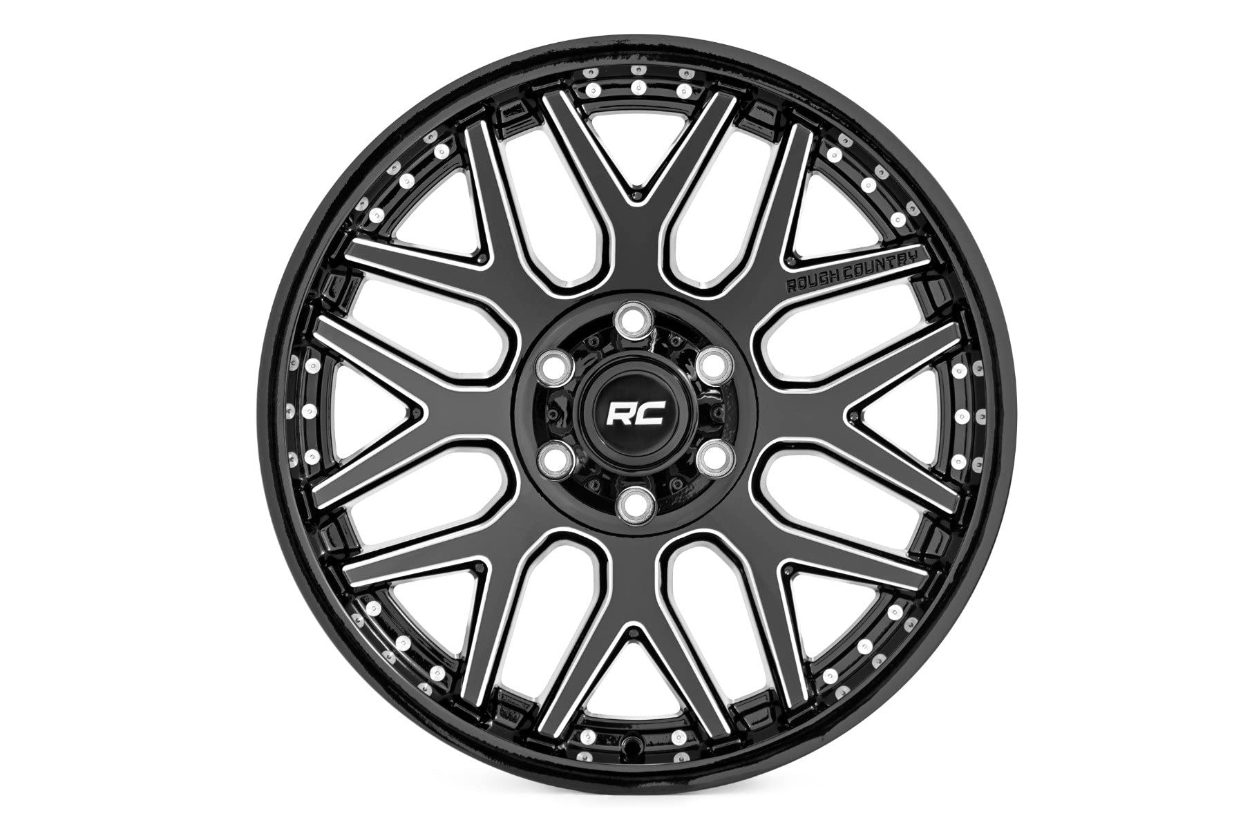 Rough Country One-Piece 95 Series Aluminum Wheel - 20x10, 6x5.5" Bolt Pattern, 25mm Offset, Machined Gloss Black for Jeeps, Trucks, SUV