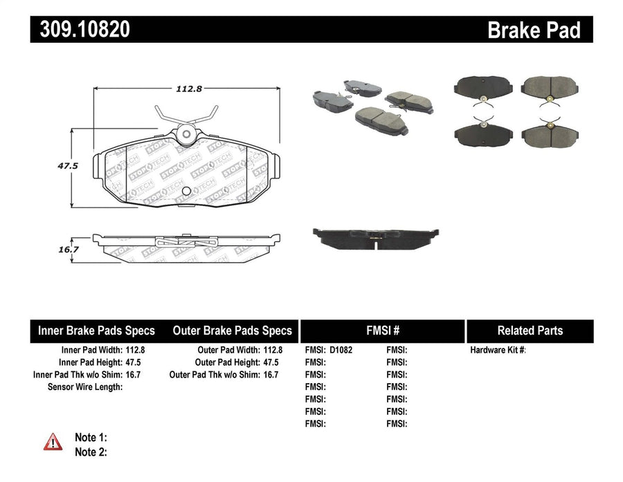 Sport Brake Pads StopTech 309.10820 with Shims and Hardware