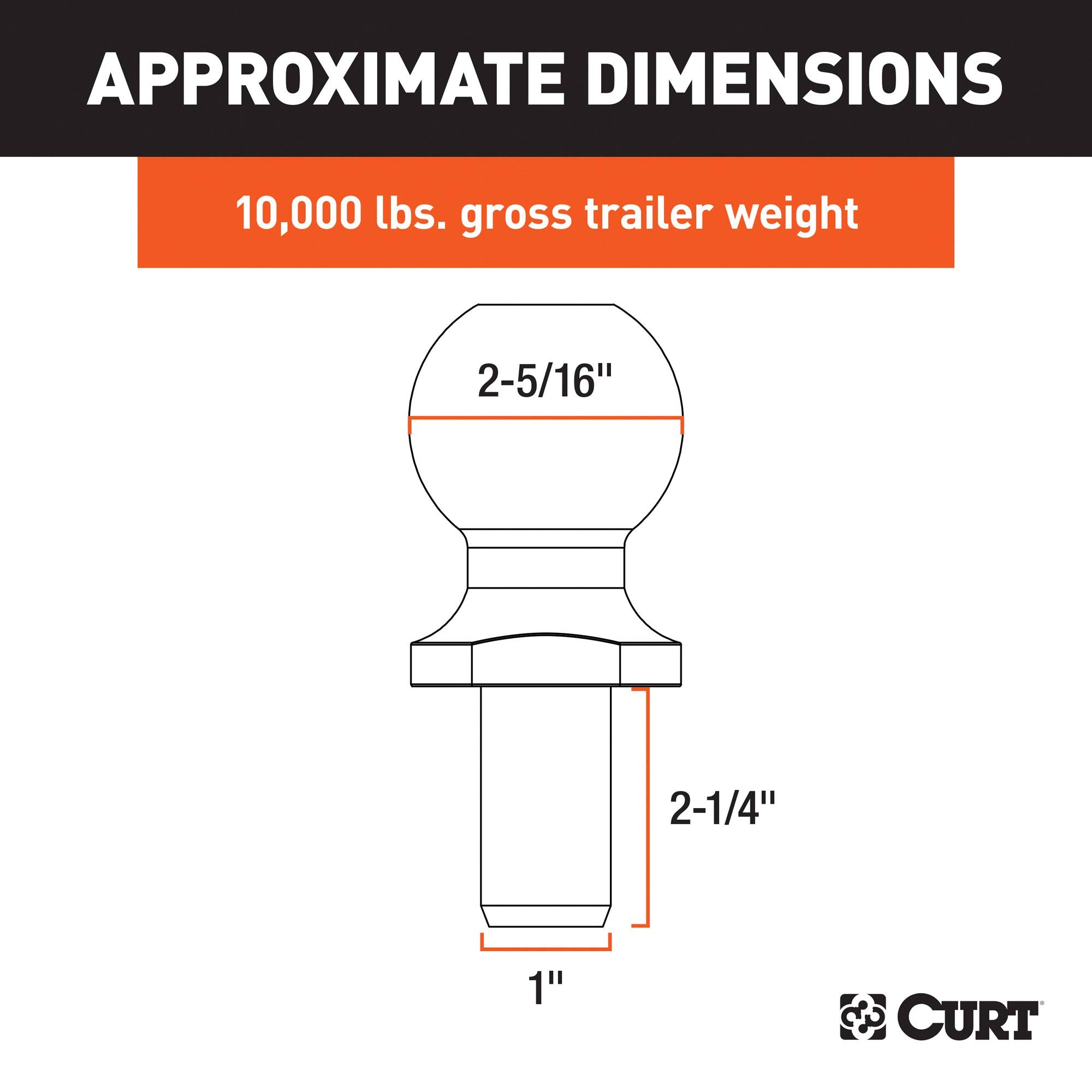 CURT 40007 Trailer Hitch Ball Chrome, 10,000 lbs, 2-5/16-Inch Diameter, 1 x 2-1/4-Inch Shank