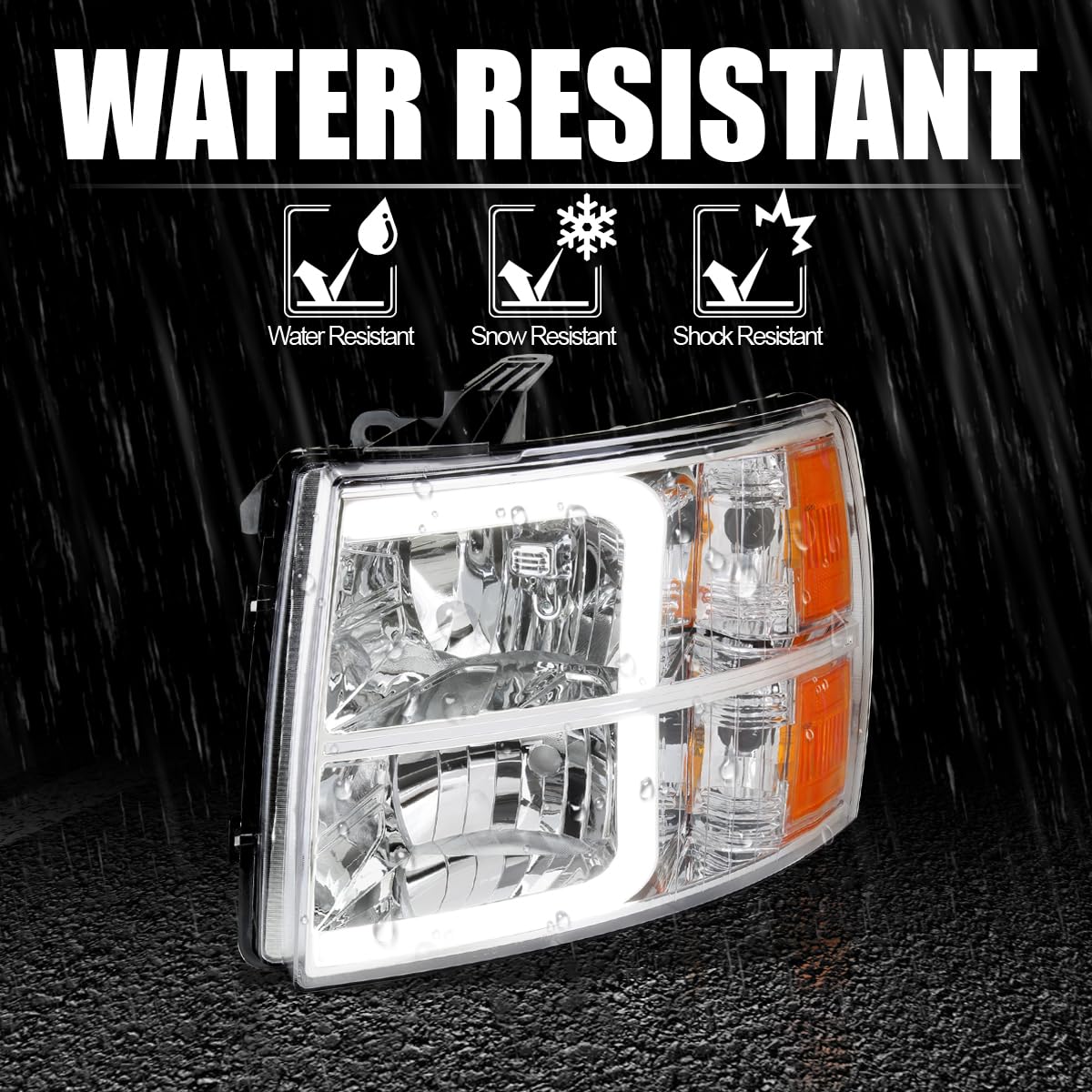 Chrome Headlights SPEC-D TUNING w/LED Light Bar Compatible with 2007-2013 Chevy Silverado 1500, 2007-2014 Silverado 2500HD 3500HD, Left + Right Pair Headlamp Assembly