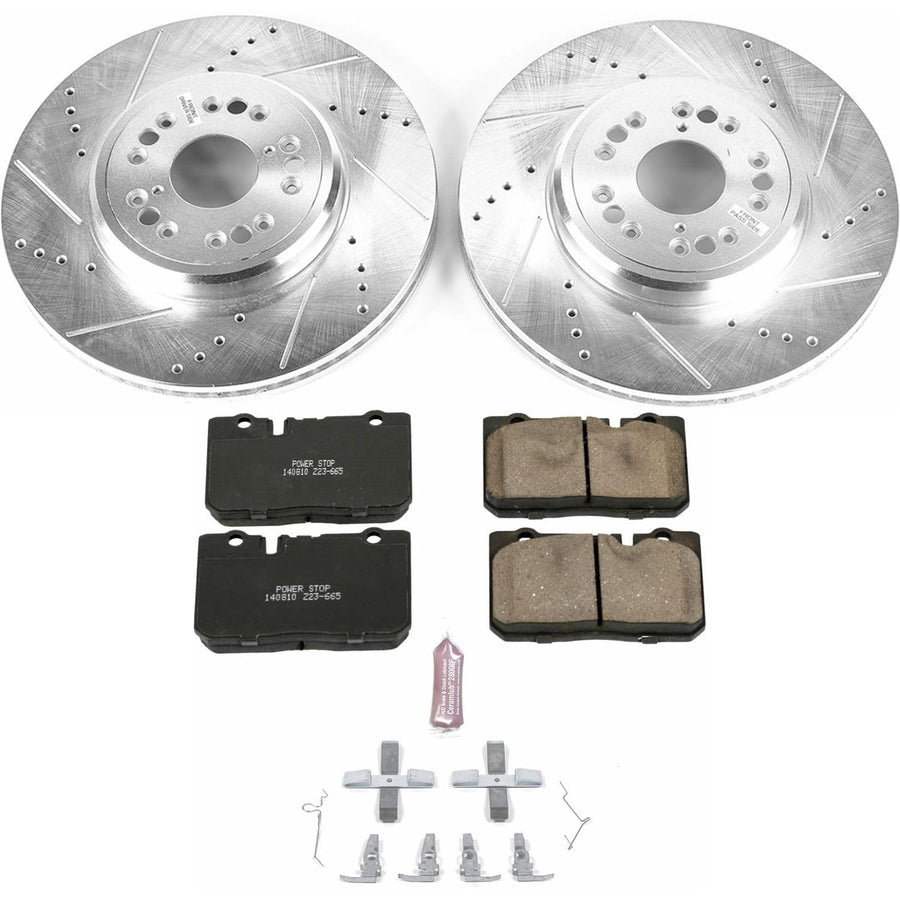 Power Stop K5099 Z23 Daily Driver Carbon-Fiber Ceramic Brake Pads and Drilled and Slotted Rotors Kit and 1 Front Sensor Wire For Lexus LS400 1995-2000 [Model Specific]