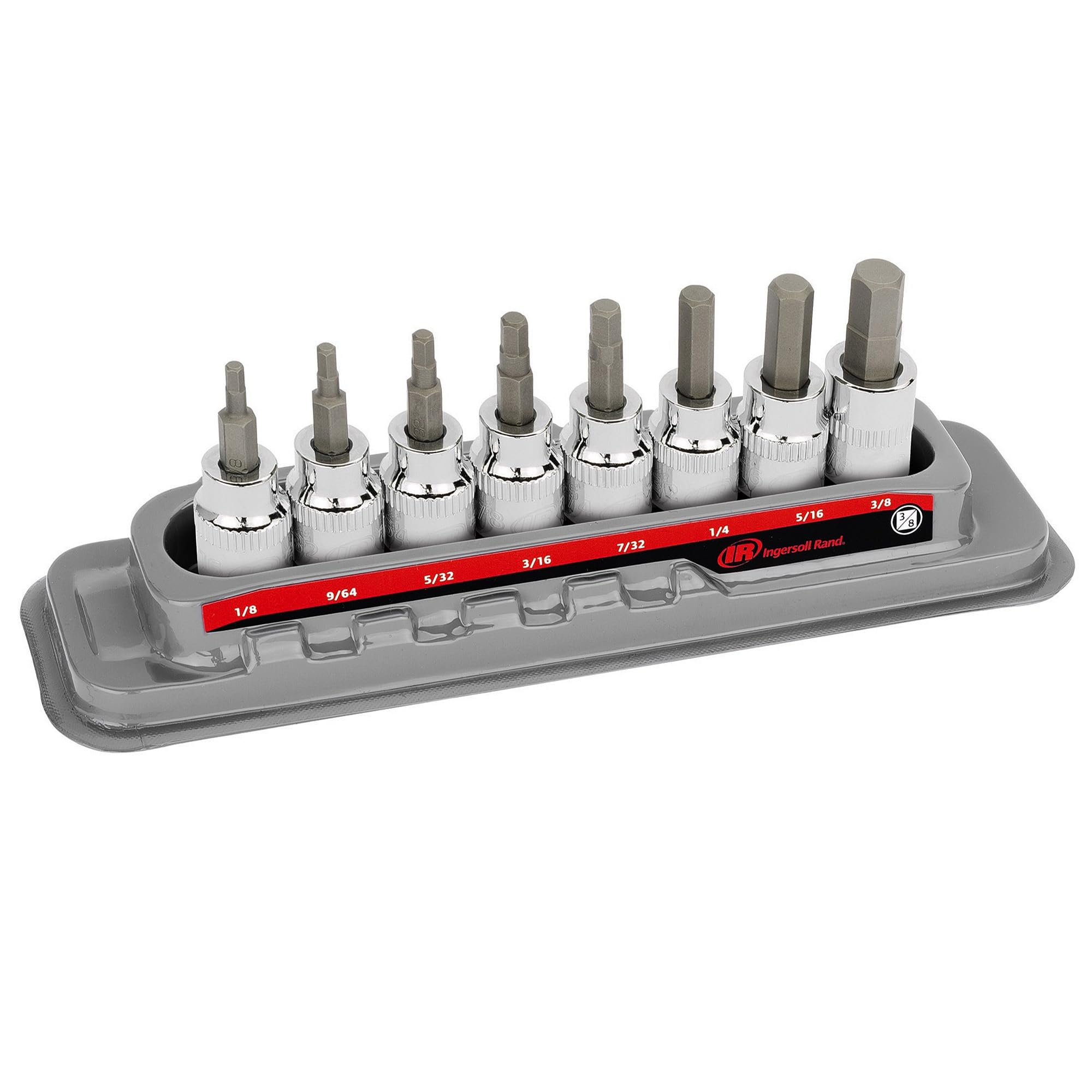 Ingersoll Rand 8-Piece SAE Hex Bit Socket Set 3/8 in. Drive – Sizes 1/8" to 3/8", Industrial-Grade S2 Steel, Mirror-Polished Chrome Vanadium Sockets, Thermoform Tray – 752028
