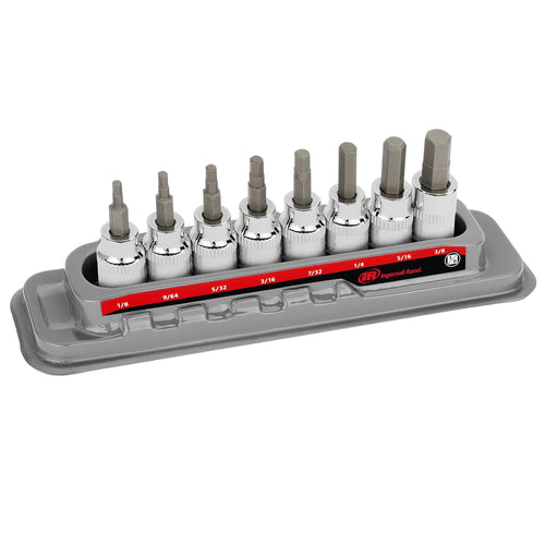 Ingersoll Rand 8-Piece SAE Hex Bit Socket Set 3/8 in. Drive – Sizes 1/8" to 3/8", Industrial-Grade S2 Steel, Mirror-Polished Chrome Vanadium Sockets, Thermoform Tray – 752028