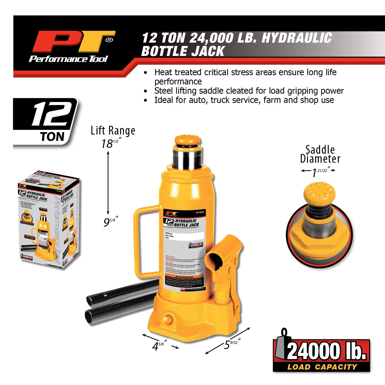 12 Ton Performance Tool W1632 Heavy Duty Hydraulic Bottle Jack, Yellow (24,000 lbs.)