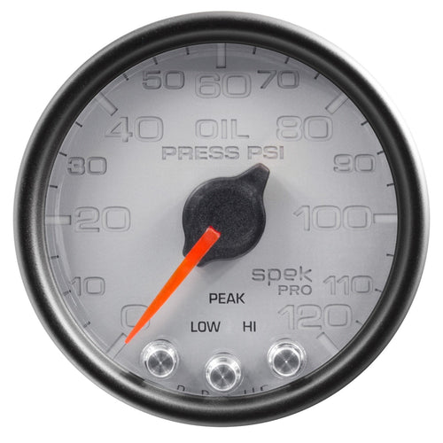Gauge AUTO METER P32522 Oil Pressure (Spek-Pro 2 1/16", 120Psi, Stepper Motorwith Peak & Warn, Slvr/Blk, Spek-Pro)