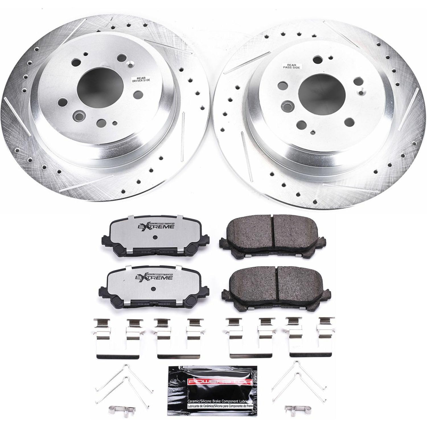 Rear Brake Kit Power Stop For 2019 2020 2021 2022 2023 2024 2025 Honda Passport - Truck & Tow Carbon Fiber Ceramic Brake Pads & Drilled and Slotted Rotors Replacement, K7727-36