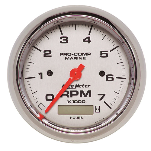 Auto Meter Ultra-Lite Gauge, 200890-35 Tachometer, 3 3/8", 7K RPM, W/Hourmeter, Marine Chrome