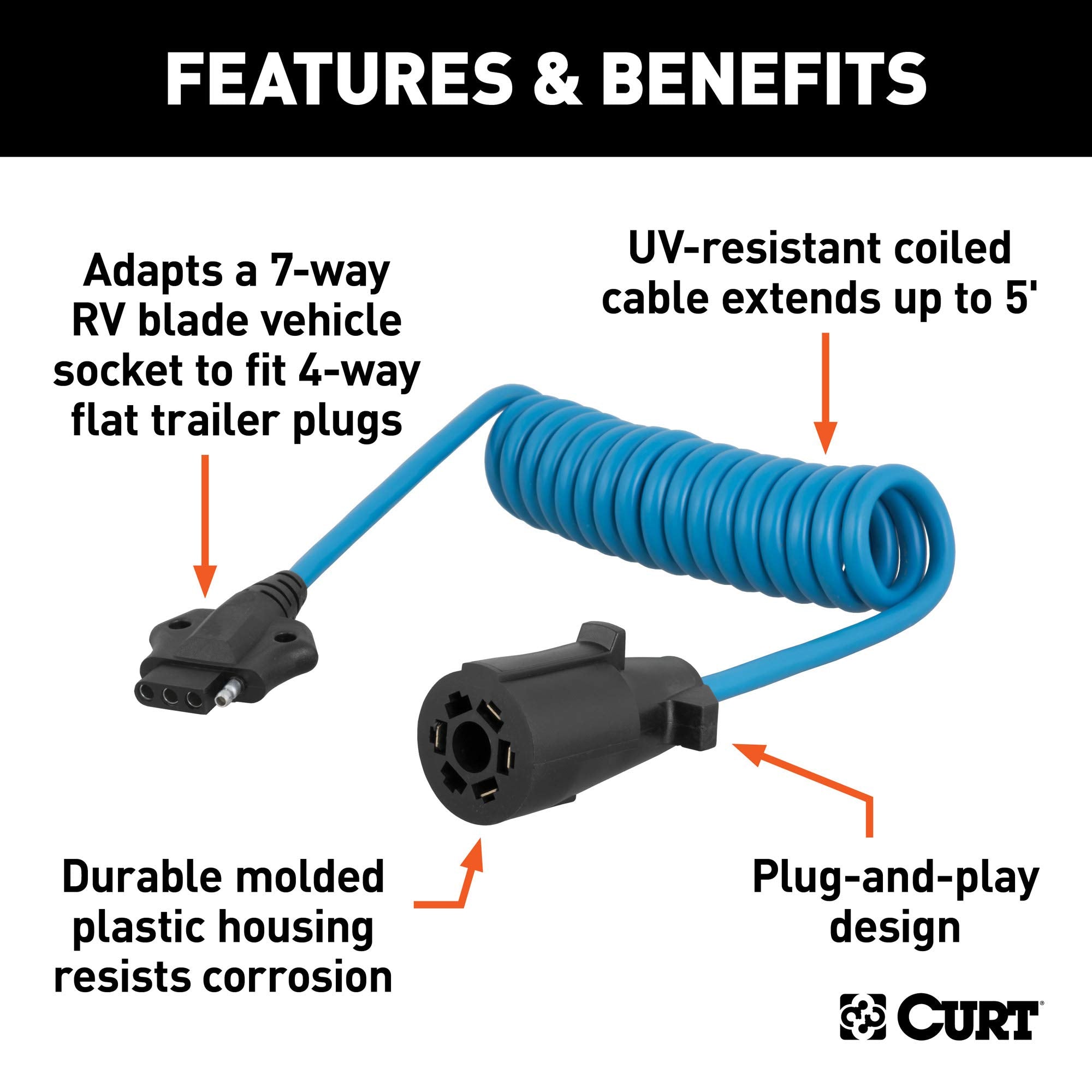 CURT 57271 4-Way Flat Trailer Wiring Adapter Extension Harness to 5-Foot 7-Way RV Blade Vehicle-Side