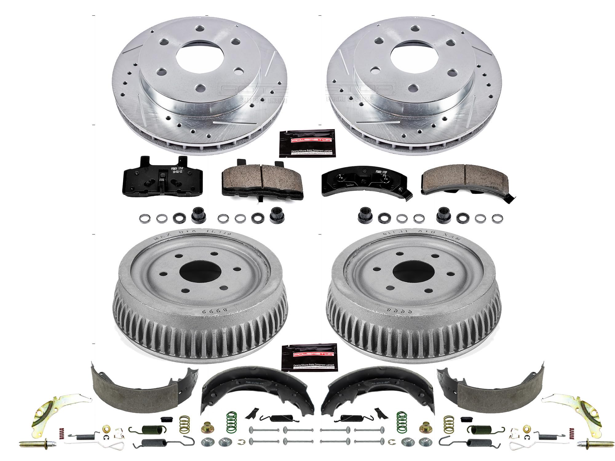 Power Stop K15035DK Z23 Carbon Fiber Brake Pads Front and Rear with Drilled & Slotted Brake Drums Kit For Cadillac Escalade 1999-2000 | Chevrolet Tahoe 1995-2000 [Vehicle Specific]