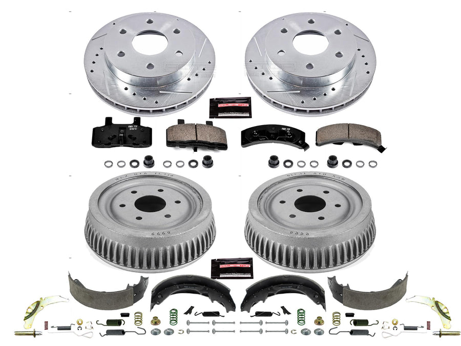 Power Stop K15035DK Z23 Carbon Fiber Brake Pads Front and Rear with Drilled & Slotted Brake Drums Kit For Cadillac Escalade 1999-2000 | Chevrolet Tahoe 1995-2000 [Vehicle Specific]