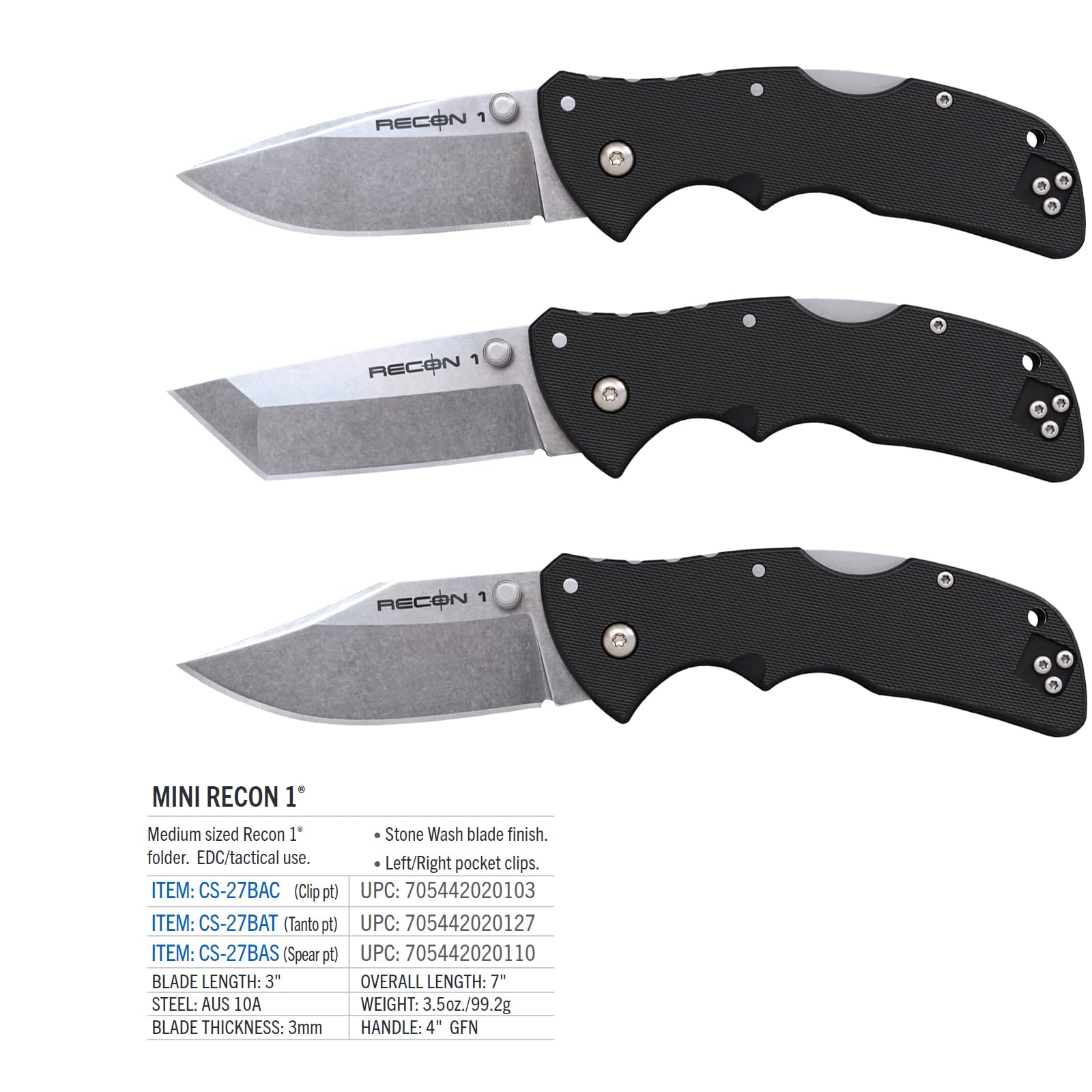 Mini Recon 1 COLD STEEL 3" AUS10A Clip Point Blade 4" GFN Handle Folding Knife w/Tri-Ad Lock, Ambidextrous Pocket/Belt Clip