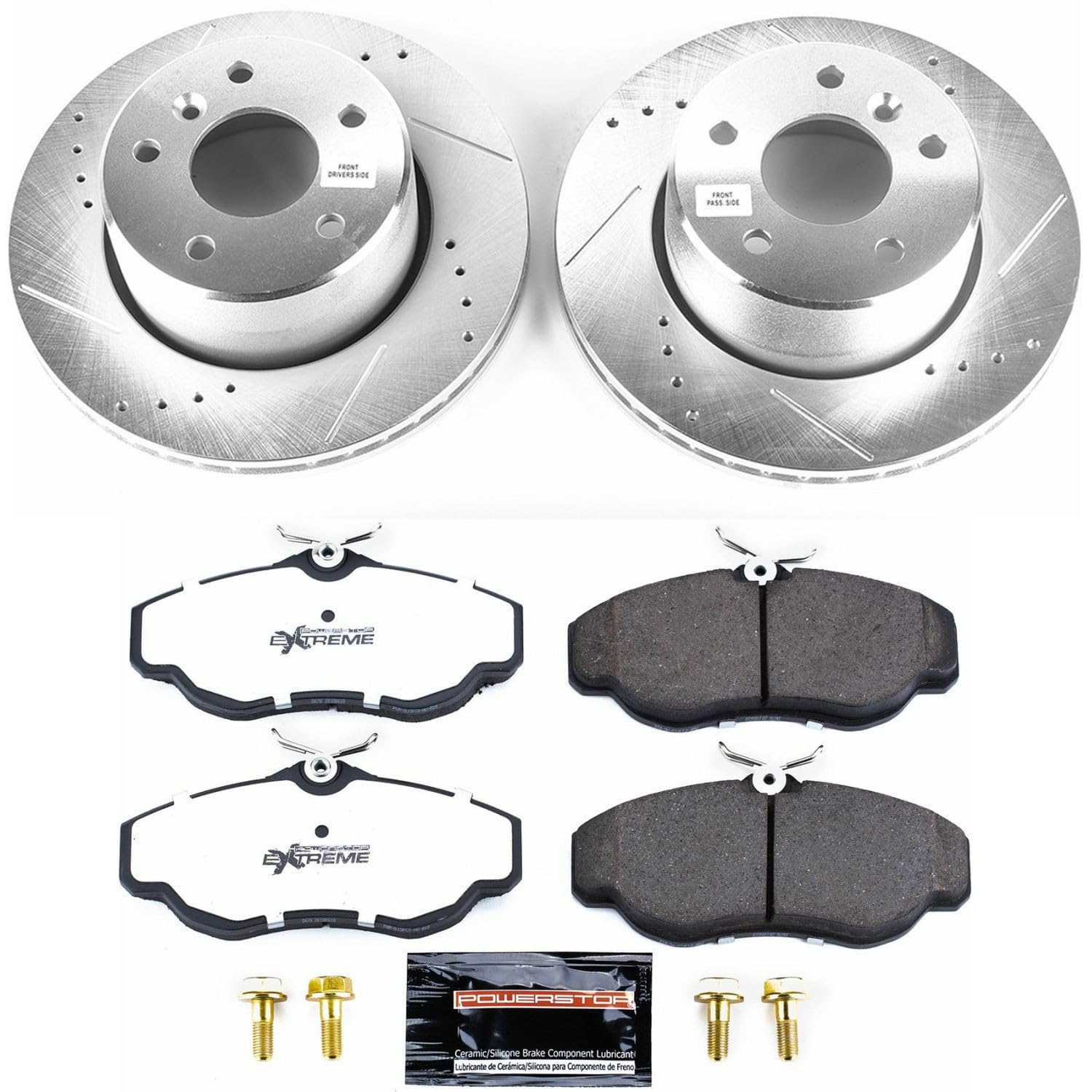 Front Brake Kit Power Stop For 1999 2000 2001 2002 2003 2004 Land Rover Discovery - Truck & Tow Carbon Fiber Ceramic Brake Pads & Drilled and Slotted Rotors Replacement, K5106-36