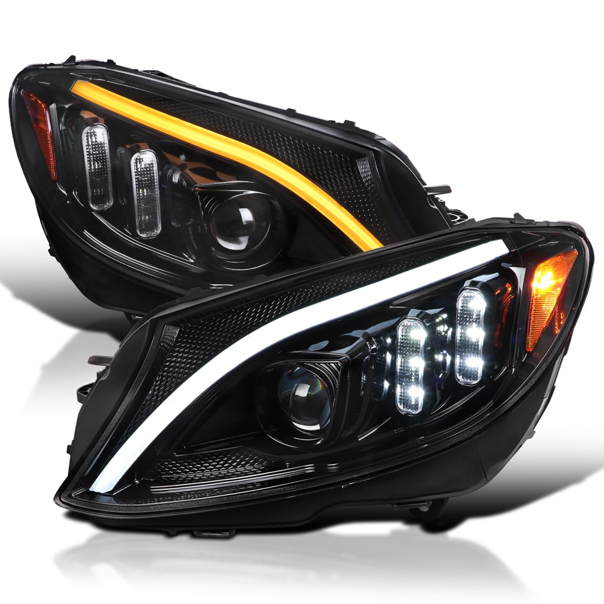 Jet Black SPEC-D TUNING Projector Headlights w/Switchback LED Strips and Sequential Turn Signal Compatible with 2015-2018 Mercedes-Benz C-Class W205