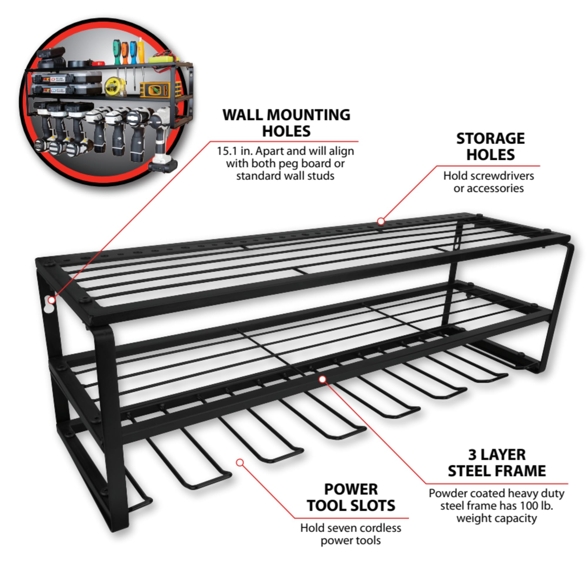 26" Performance Tool W7703 Power Tool Storage Rack, 9-Gauge Steel Frame, Fully Welded Shelves, Powder-Coated, Black