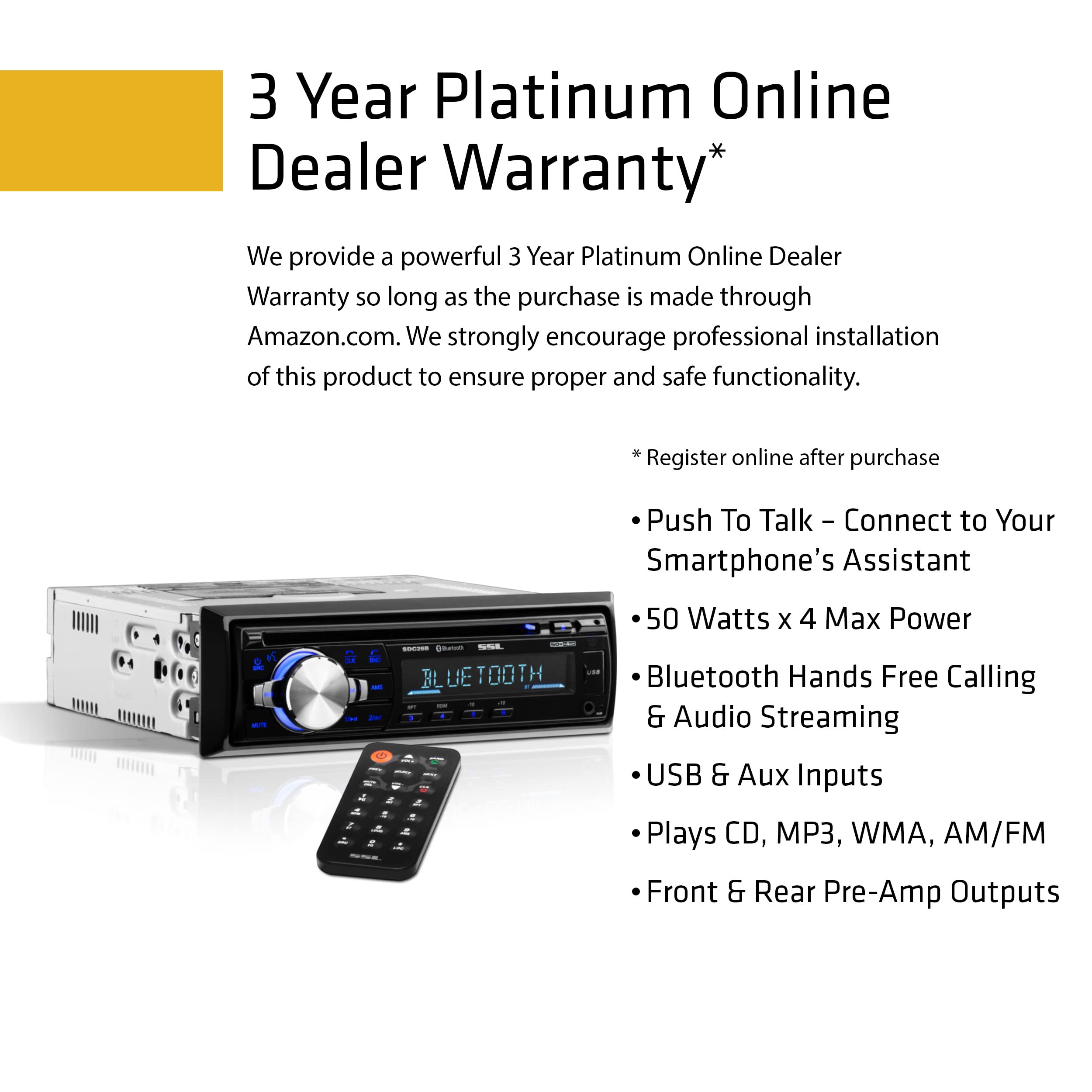 SDC26B Sound Storm Laboratories Car Stereo - Single Din, Bluetooth Audio and Hands-Free Calling, Built-in Microphone, MP3 Player, CD, USB Port, AUX Input, AM/FM Radio Receiver, Wireless Remote Control
