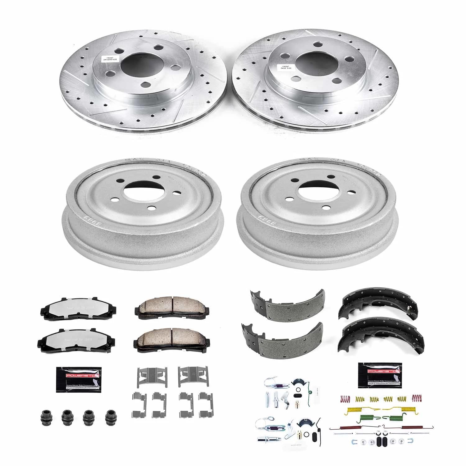Power Stop Brake Kit Front and Rear For 1998 1999 2000 2001 2002 Ford Ranger - Truck & Tow Carbon Fiber Ceramic Pads, Drums, & Drilled and Slotted Rotors Replacement, K15004DK-36