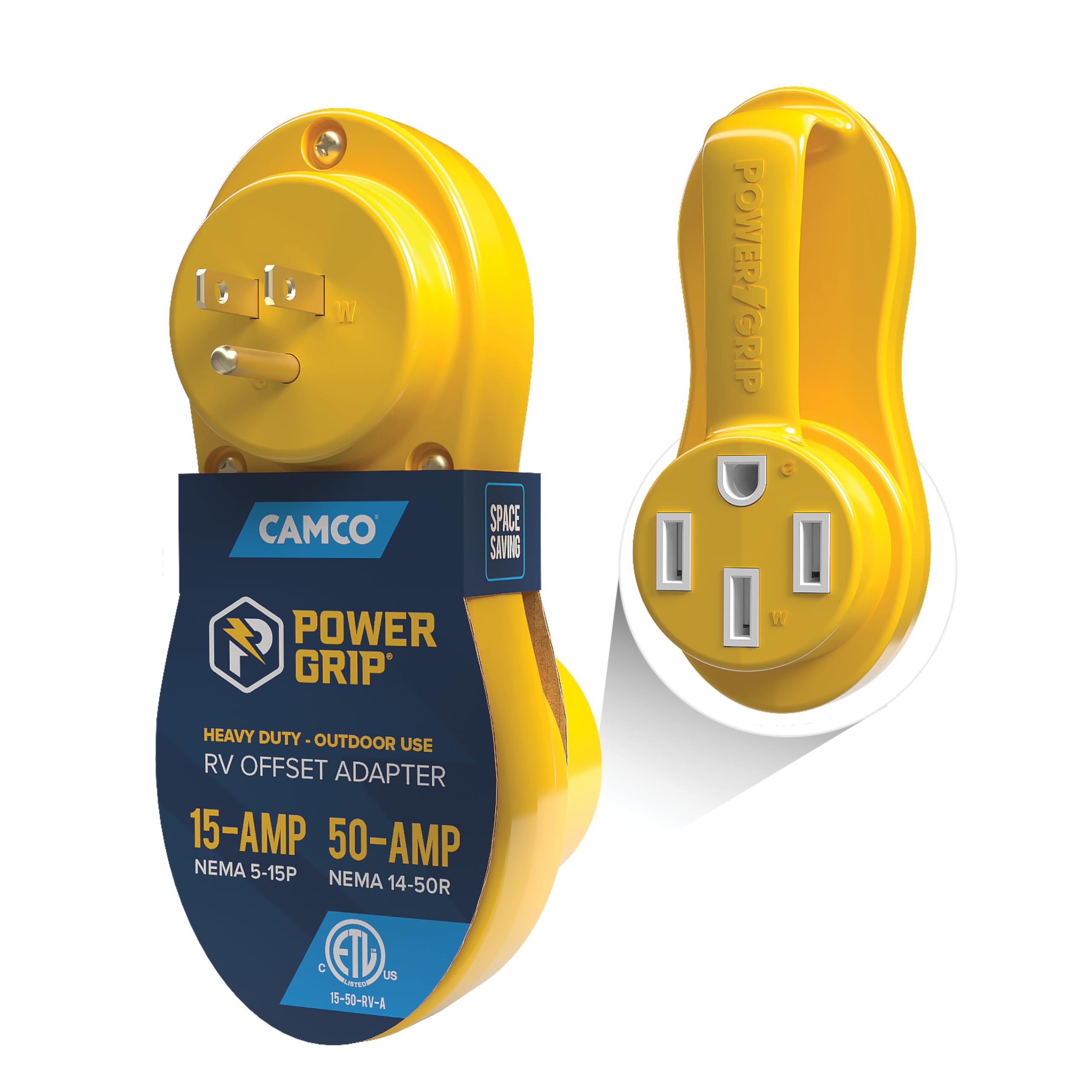 Camco Power Grip Electrical Adapter Offset - 15 amp to 50 amp RV Power Adapter - Design to Relieve Cord Stress (55137)