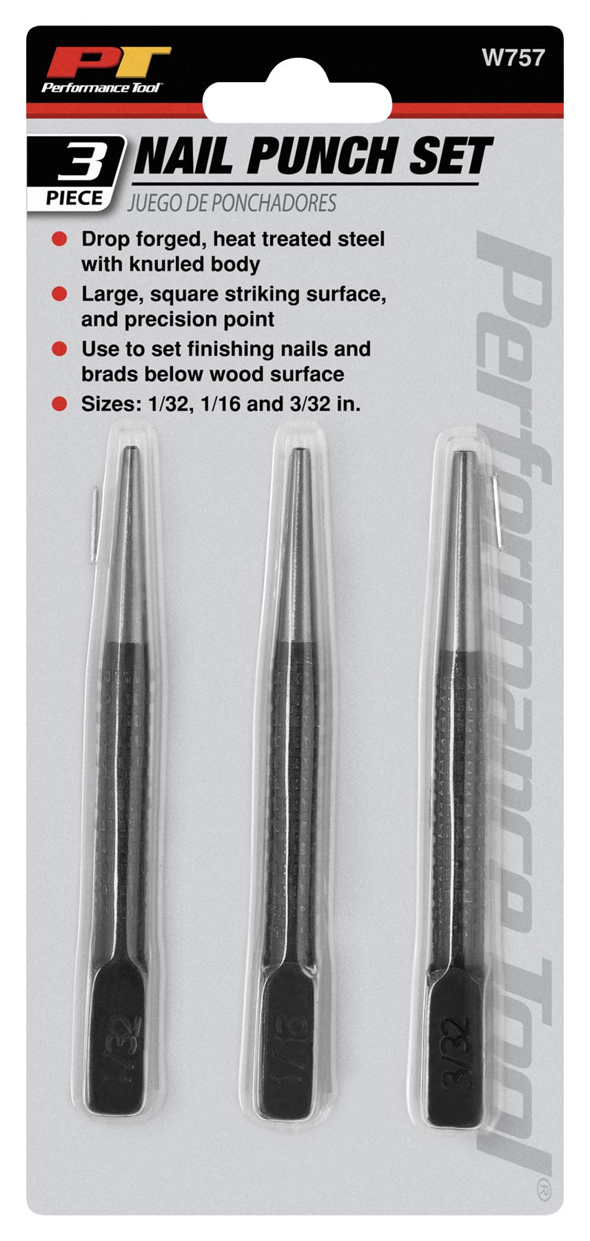 W757 Performance Tool Drop Forged Steel Punch Set with Knurled Body and Square Striking Surface - Sizes: 1/32, 1/16 and 3/32-Inch for Precision Work
