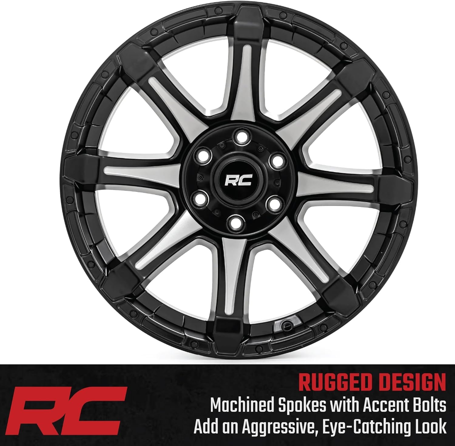 20x9 Rough Country Wheel w/Machined Spokes - 5x150mm Bolt Pattern, +18mm Offset, One-Piece Aluminum, Semi-Gloss Black Off-Road Rim for Trucks, Jeeps, SUV