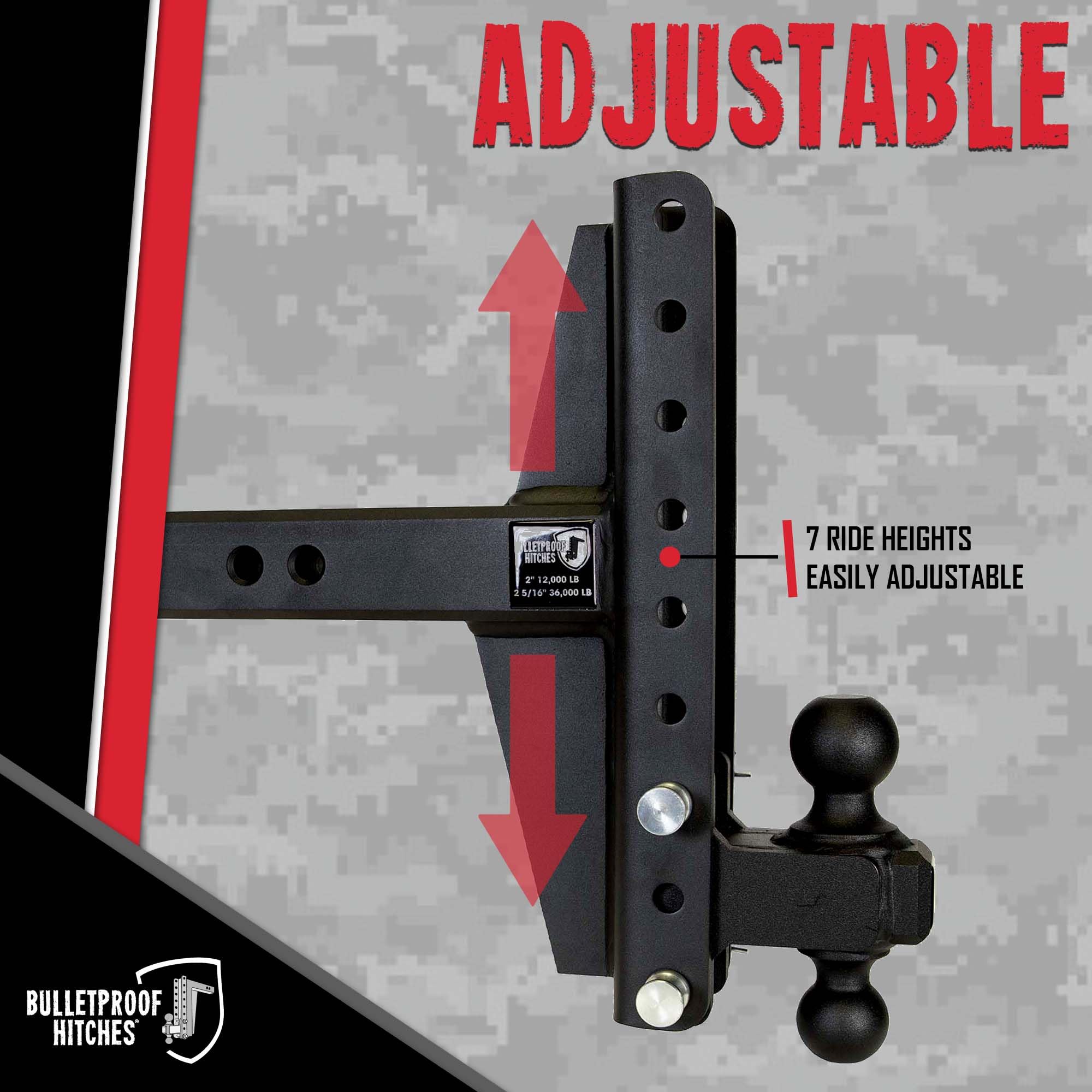 2.5" BulletProof Hitches Adjustable Extreme Duty Trailer Hitch (36,000 lb. Rating) - Offset 4" & 6" Drop/Rise with 2" and 2 5/16" Dual Ball - Powder Coat, Solid Steel, Corrosion-Resistant