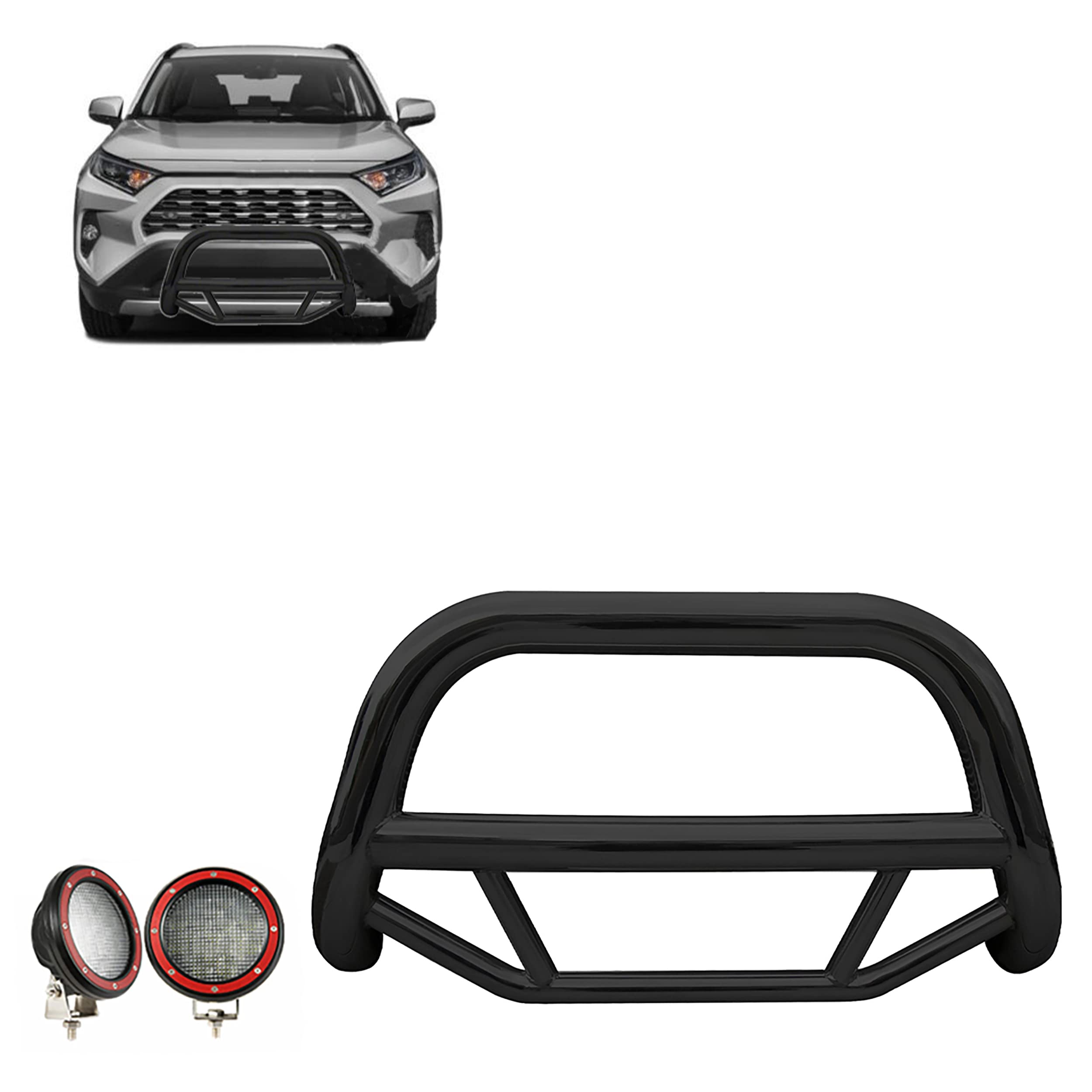 Max Bull Bar Black Horse Incl. Pair of 5.3" Dia.LED Lights w/Red Trim Rings No Skid Plate Black Compatible with 2019-2024 Toyota RAV4|2021-2024 Toyota Venza-MBB-TOB4802-PLFR
