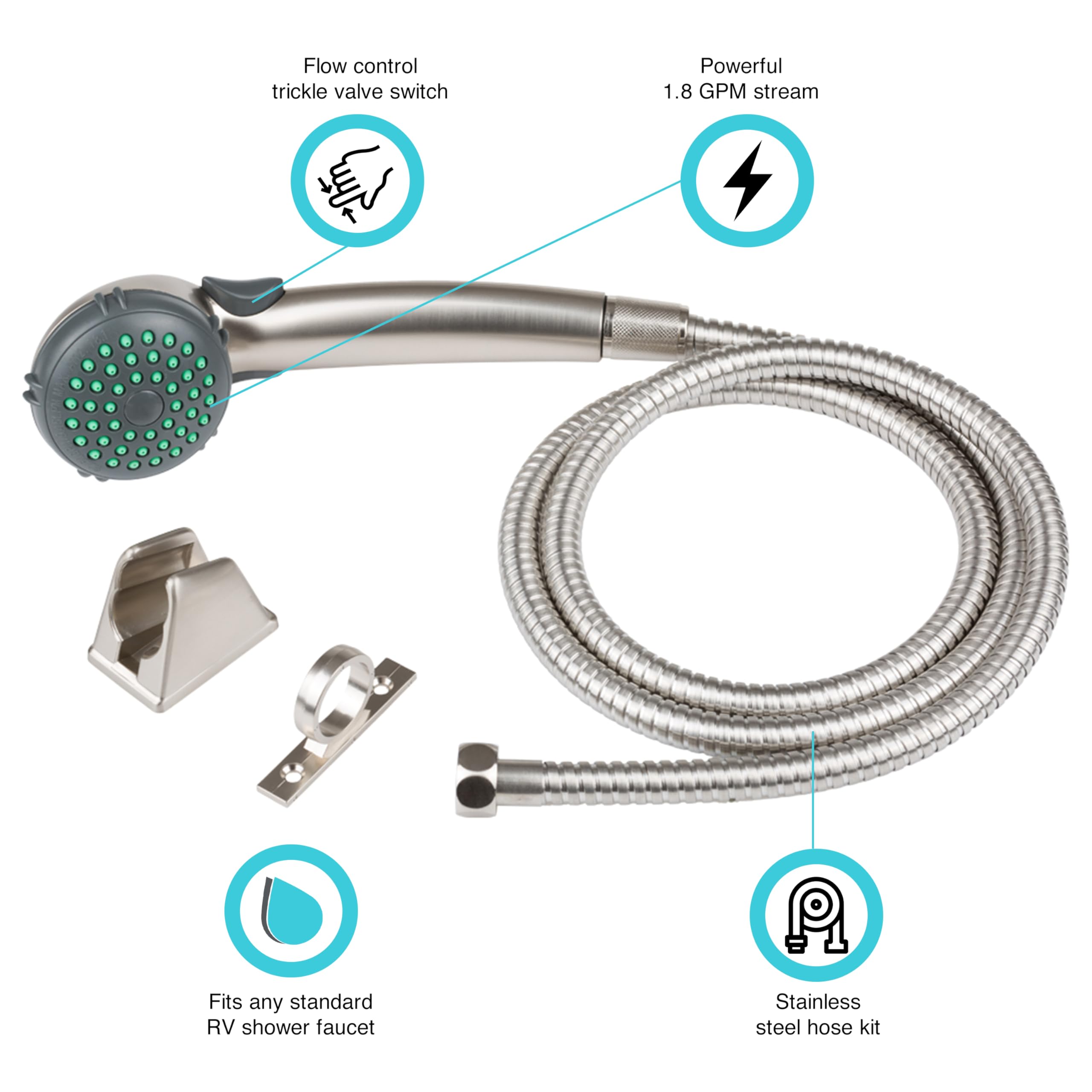 Dura Faucet RV Hand Held Shower Head DF-SA400K-SN, Stainless Steel Hose Kit (Brushed Satin Nickel)