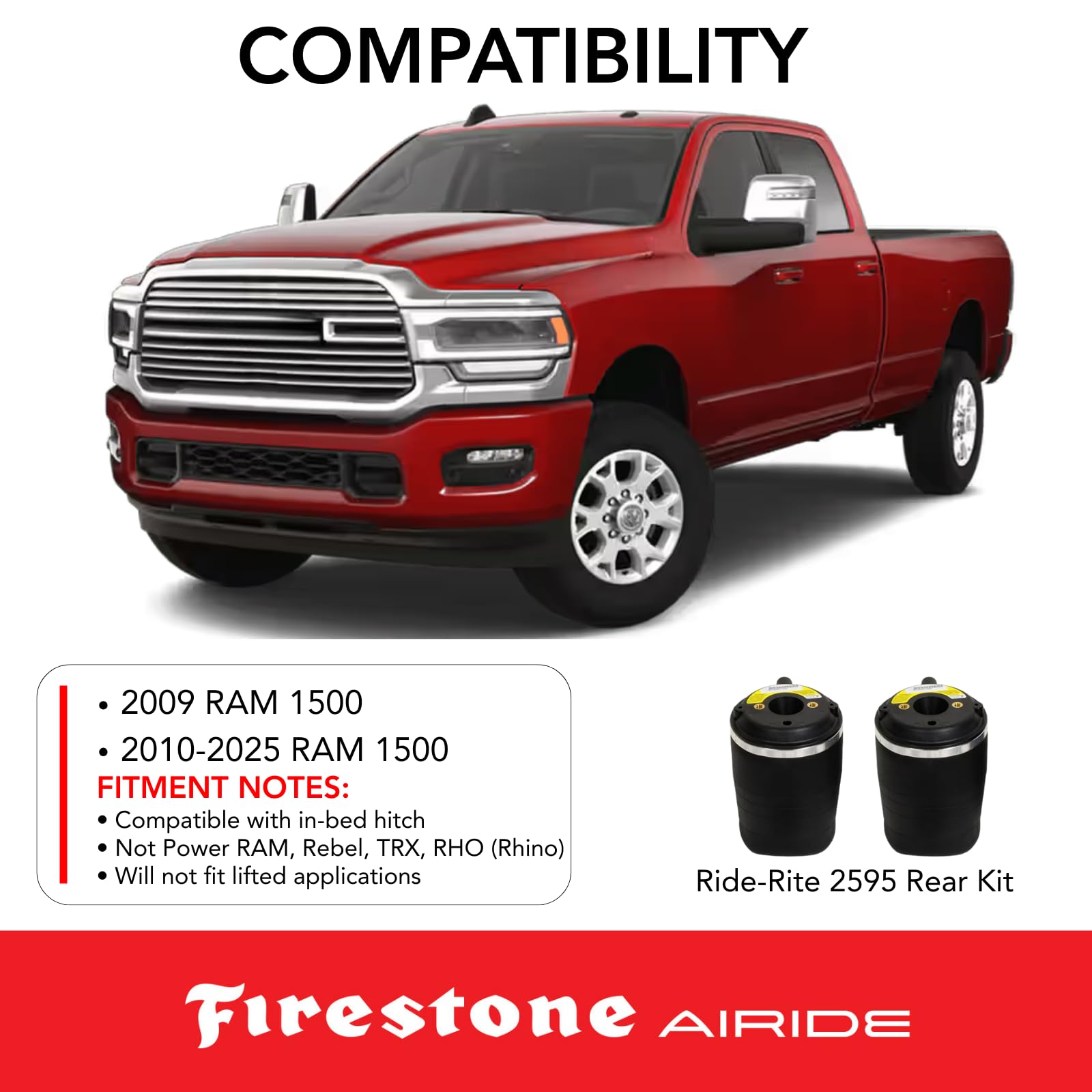Firestone 2595 Ride-Rite Airide Rear Springs Kit fits 2010-2025 Ram 1500 | 5-100 PSI | No Drill Installation | Load Capacity of 3,000 Pounds | Enhances Brake Effectiveness
