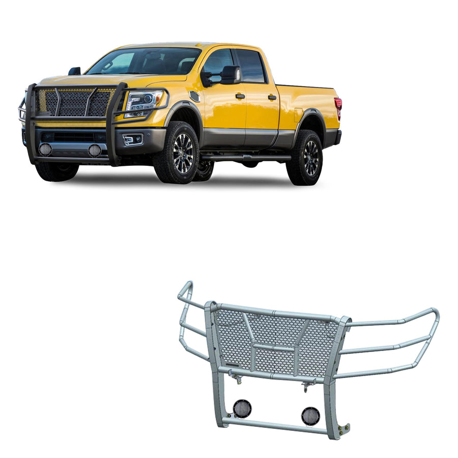 Heavy Duty Black Horse Rugged Grille Brush Bumper Guard Modular Black Come with Pair of 5.3" Dia.LED Lights with Black Trim Rings Compatible with 2017-2024 Nissan Titan XD-RU-NIXD16-B-PLFB
