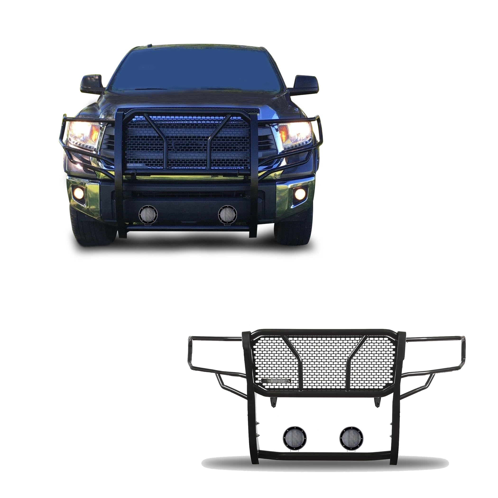 Heavy Duty Black Horse Rugged Grille Brush Bumper Guard Modular Black Come with Pair of 5.3" Dia.LED Lights with Black Trim Rings Compatible with 2007-2020 Tundra|2008-2022 Sequoia-RU-TOTU07-B-PLFB