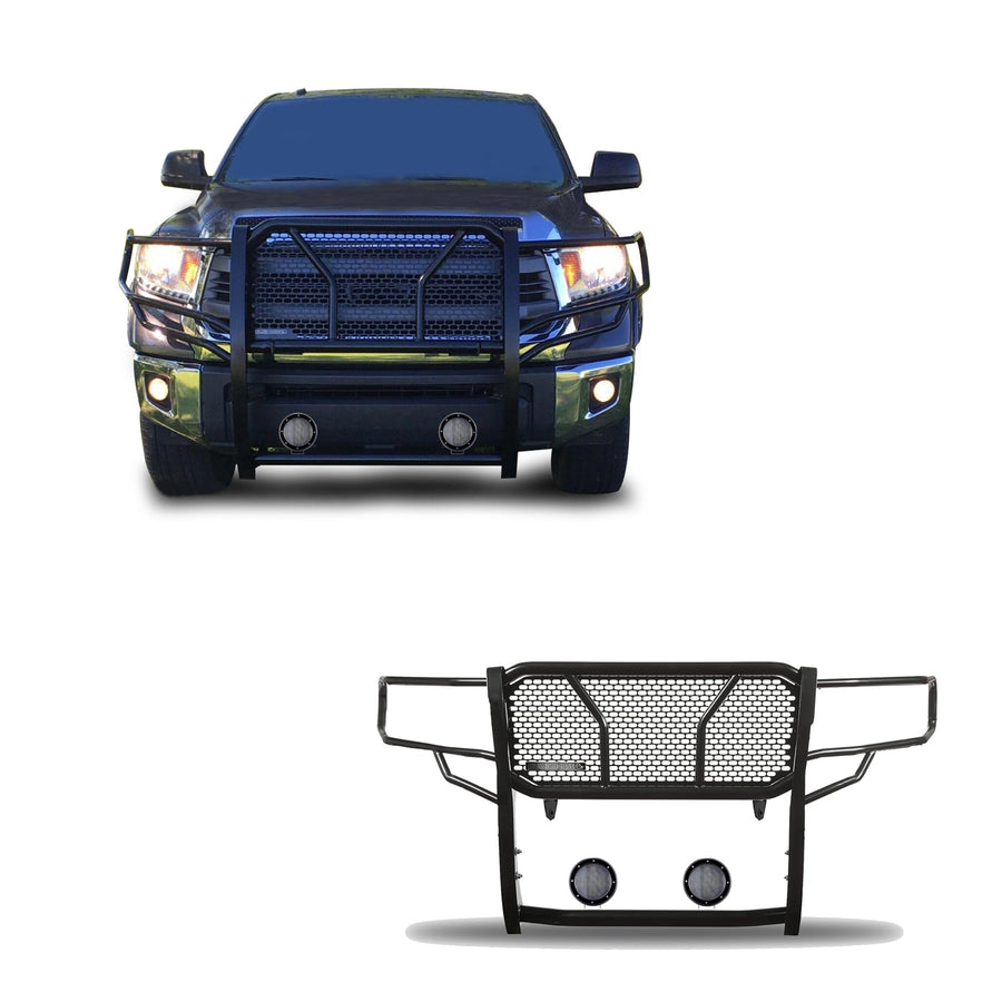 Heavy Duty Black Horse Rugged Grille Brush Bumper Guard Modular Black Come with Pair of 5.3" Dia.LED Lights with Black Trim Rings Compatible with 2007-2020 Tundra|2008-2022 Sequoia-RU-TOTU07-B-PLFB