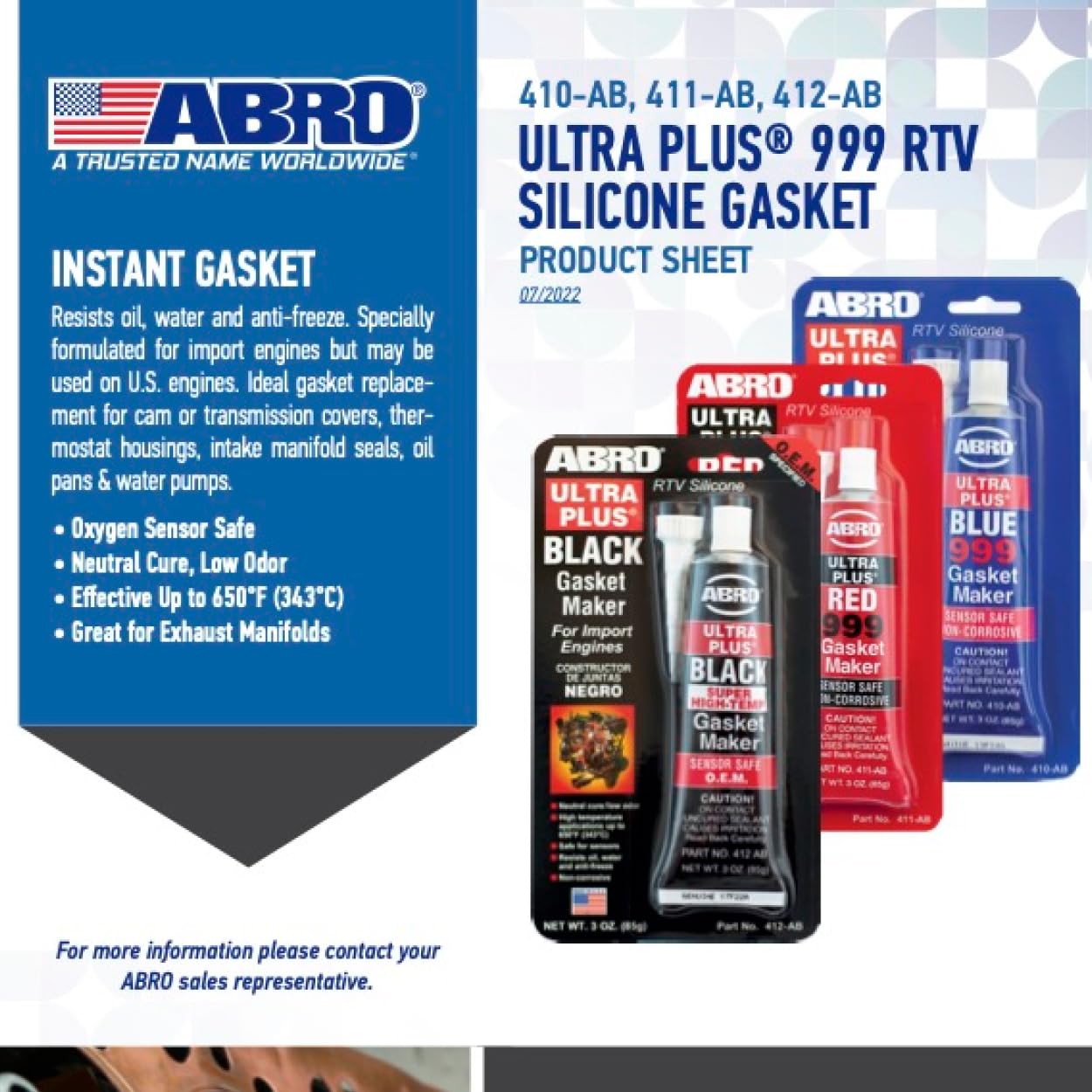 Ultra Plus ABRO 999 RTV Silicone Sealant and Gasket Maker, for Import Engines, Sensor Safe, Non-Corrosive, High Temp Head Gasket Sealer, 650 Degrees F, 3 oz. Tube - Blue