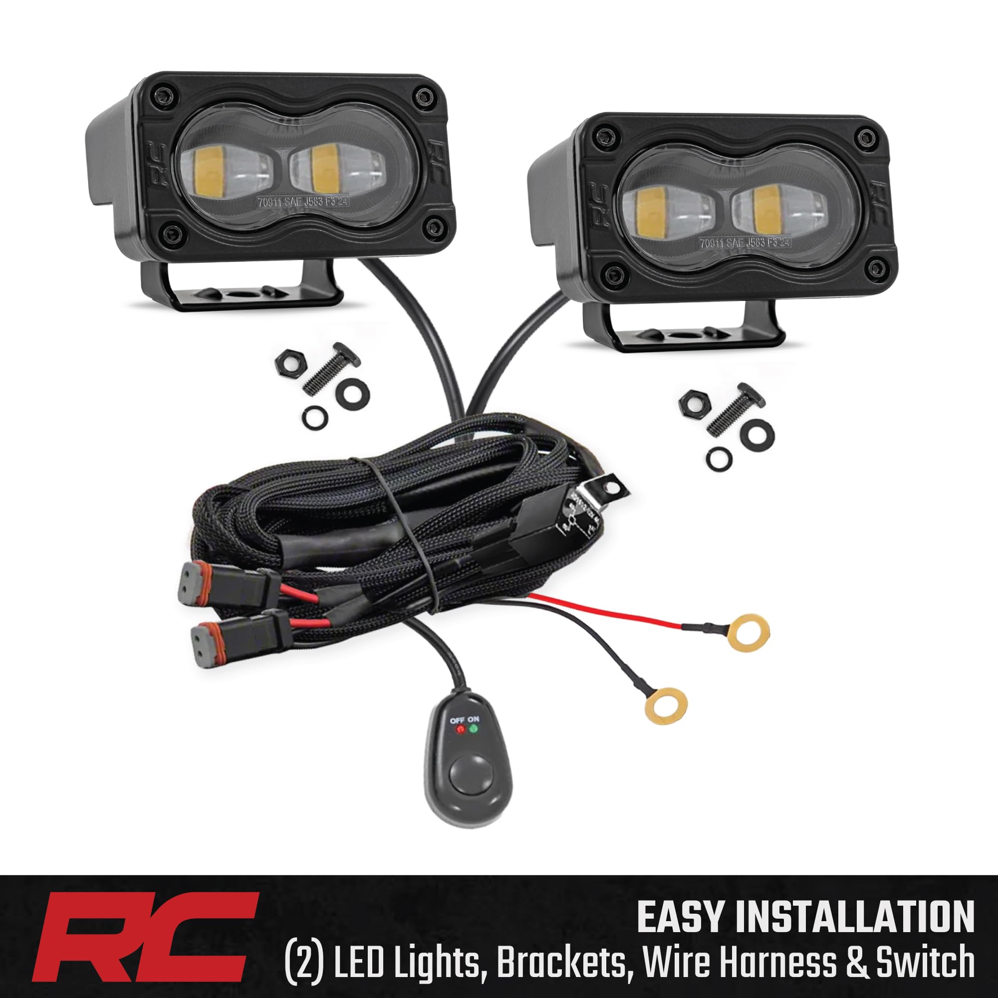 Rough Country SAE LED Slim Fog Lights 3" x 1.75" - Street Legal Fog Light Kit, Swivel Mount, IP67 Waterproof, Yellow