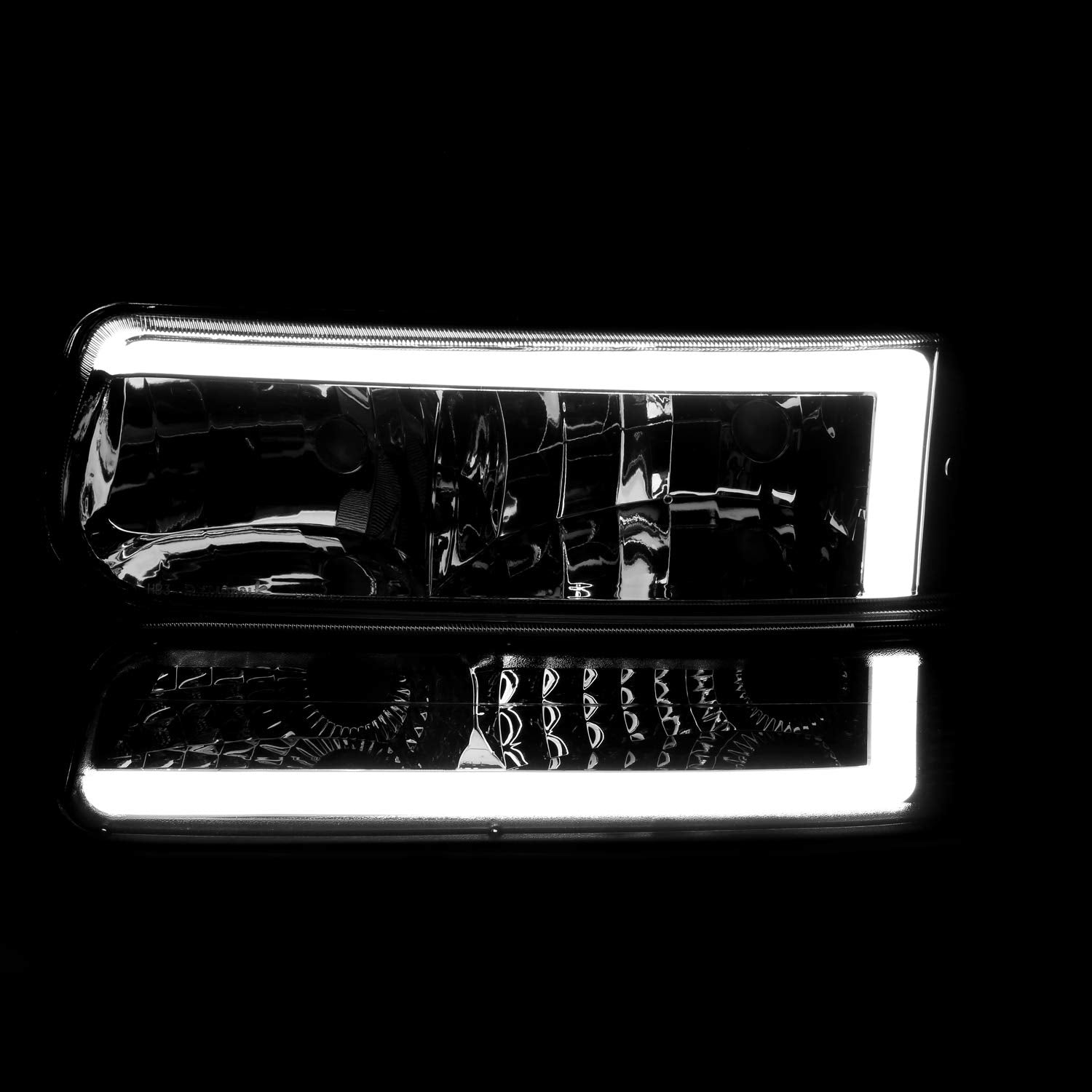 Spec-D Tuning LED Bar Clear Reflector Smoke Lens Headlights + Bumper Lights 4PC Compatible with Chevy Silverado 1999-2002, 00-06 Tahoe Suburban, L+R Pair Assembly