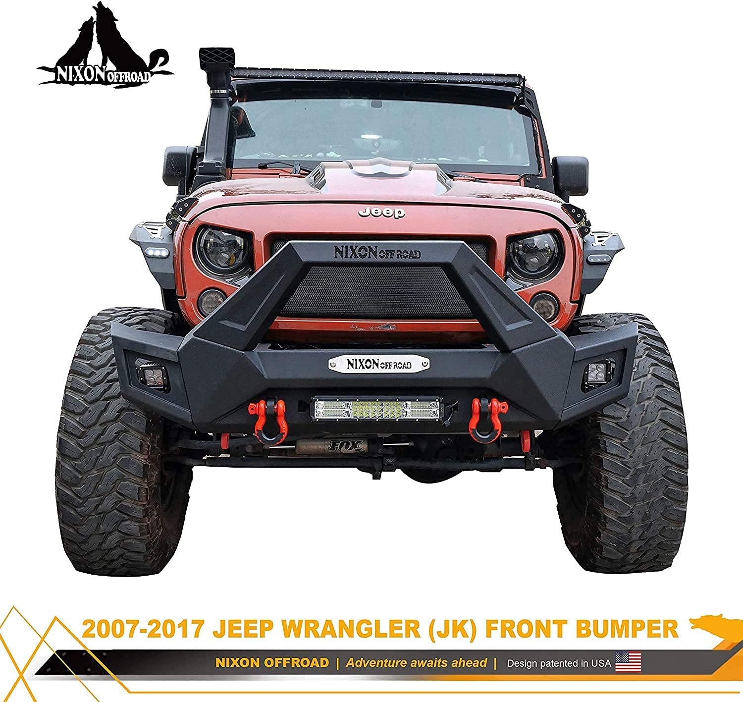 NIXON OFFROAD Front Bumper for Jeep Wrangler JK/JKU 2007-2018 2018-2026 JL/JLU 2019-2026 Gladiator JT Rock Crawler Off-Road Bumper W/Fog Light/Winch Plate Mounts & 2 LED Lights & 2 D-Ring Shackles