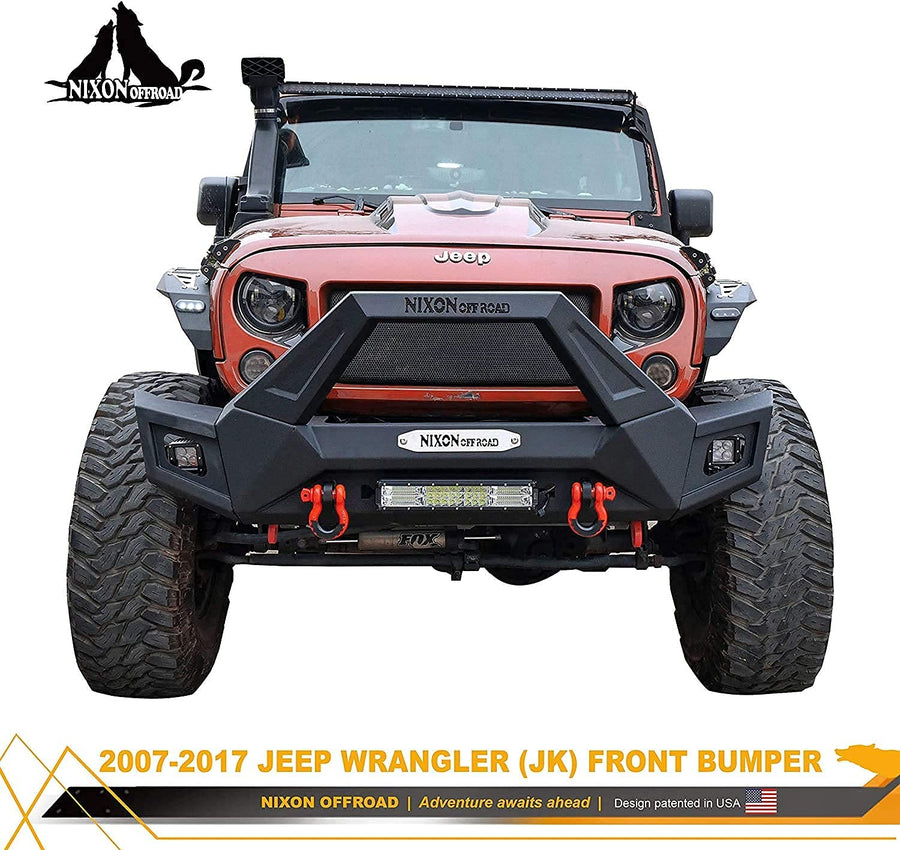 NIXON OFFROAD Front Bumper for Jeep Wrangler JK/JKU 2007-2018 2018-2026 JL/JLU 2019-2026 Gladiator JT Rock Crawler Off-Road Bumper W/Fog Light/Winch Plate Mounts & 2 LED Lights & 2 D-Ring Shackles