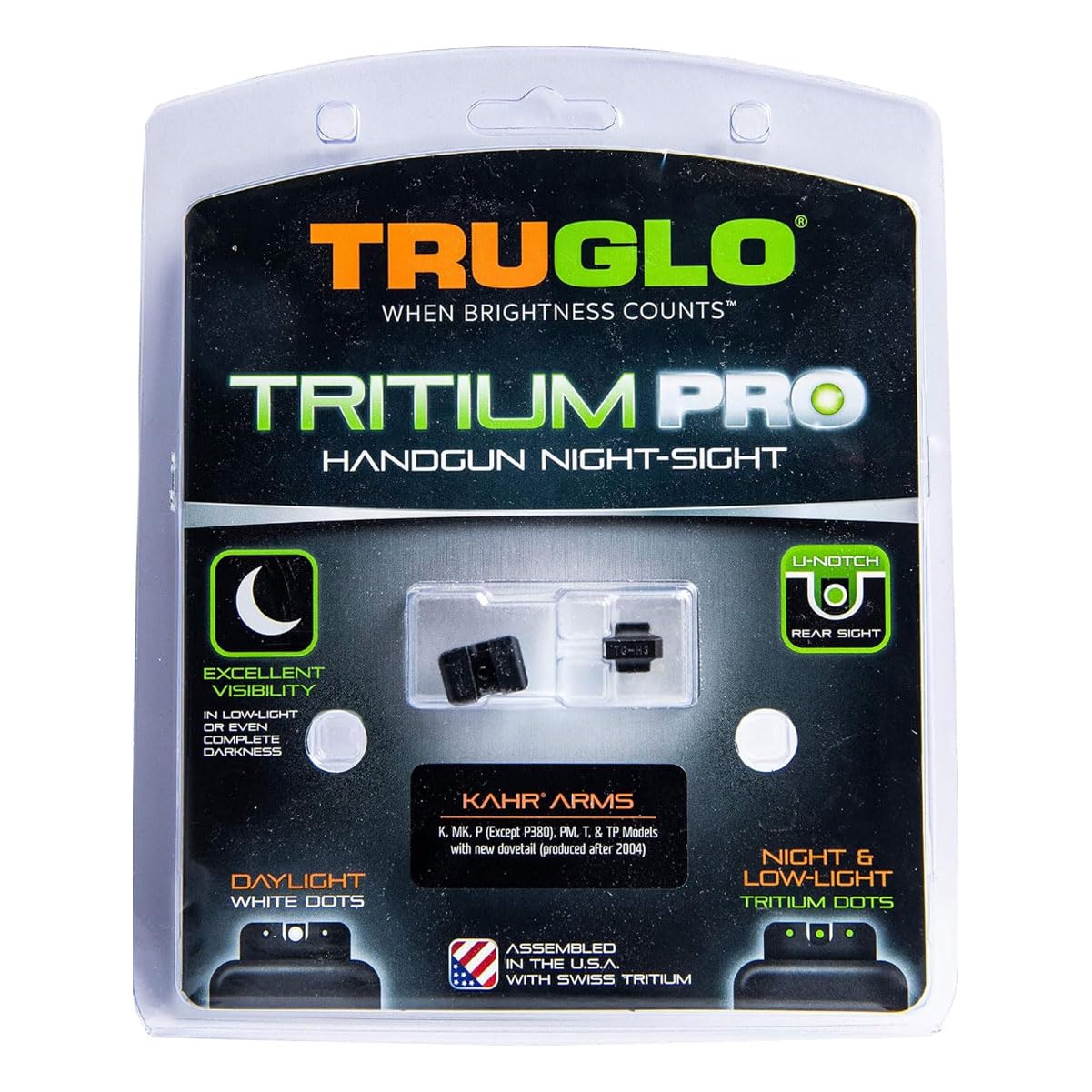 TRUGLO Handgun Tritium Pro Night Sights, Compatible with Kahr Arms Models | Glowing Gun Sights with Daylight White Dots, Night Tritium Dots & White Focus Lock Front Ring