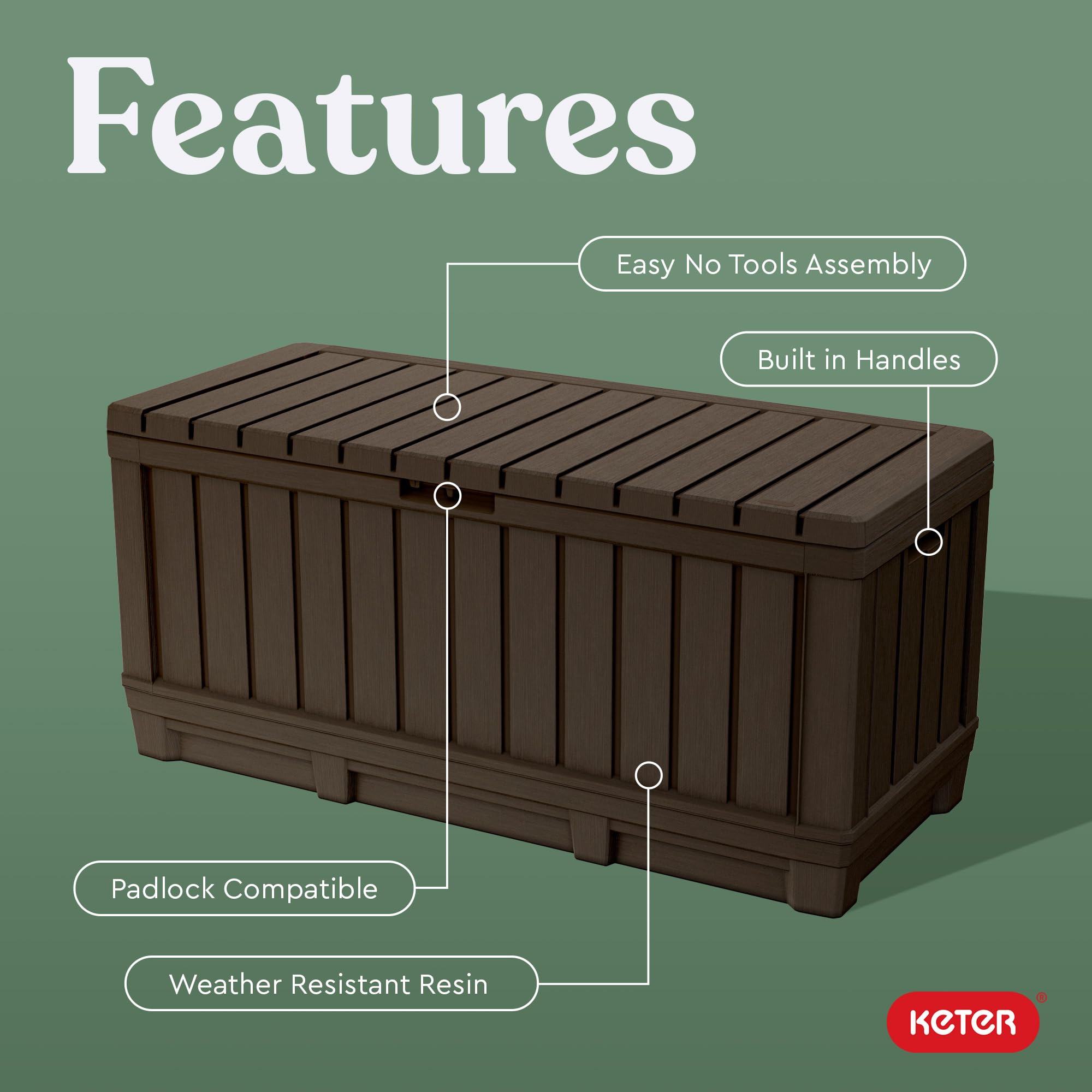 Keter 92 Gallon Kentwood Resin Deck Box-Organization and Storage for Patio Furniture Outdoor Cushions, Throw Pillows, Garden Tools and Pool Floats, Brown