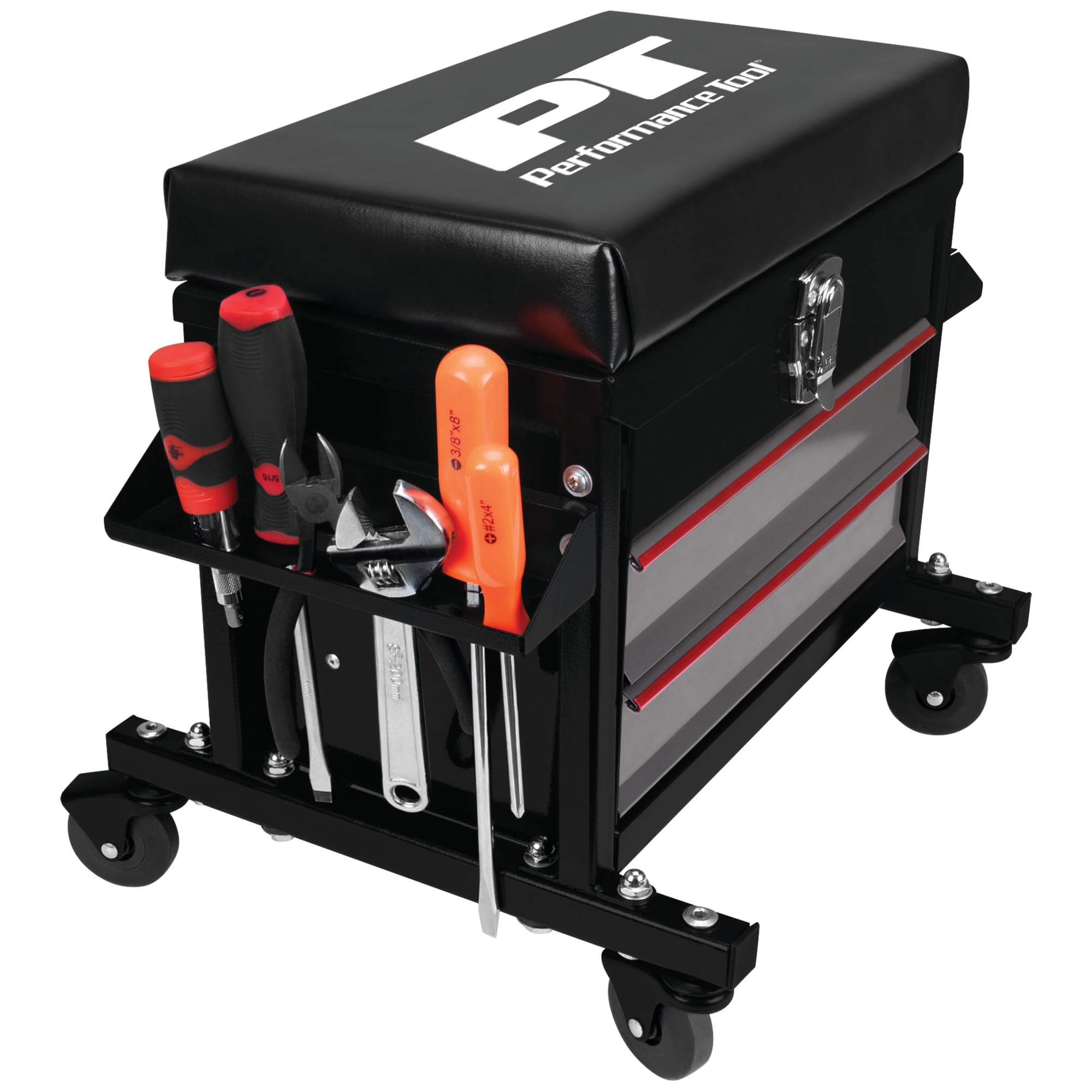W85024 Performance Tool Drawer Creeper Rolling Work Seat with Tool Box for Mechanic Garages and Workshops, Black, 16x9-inch Seat