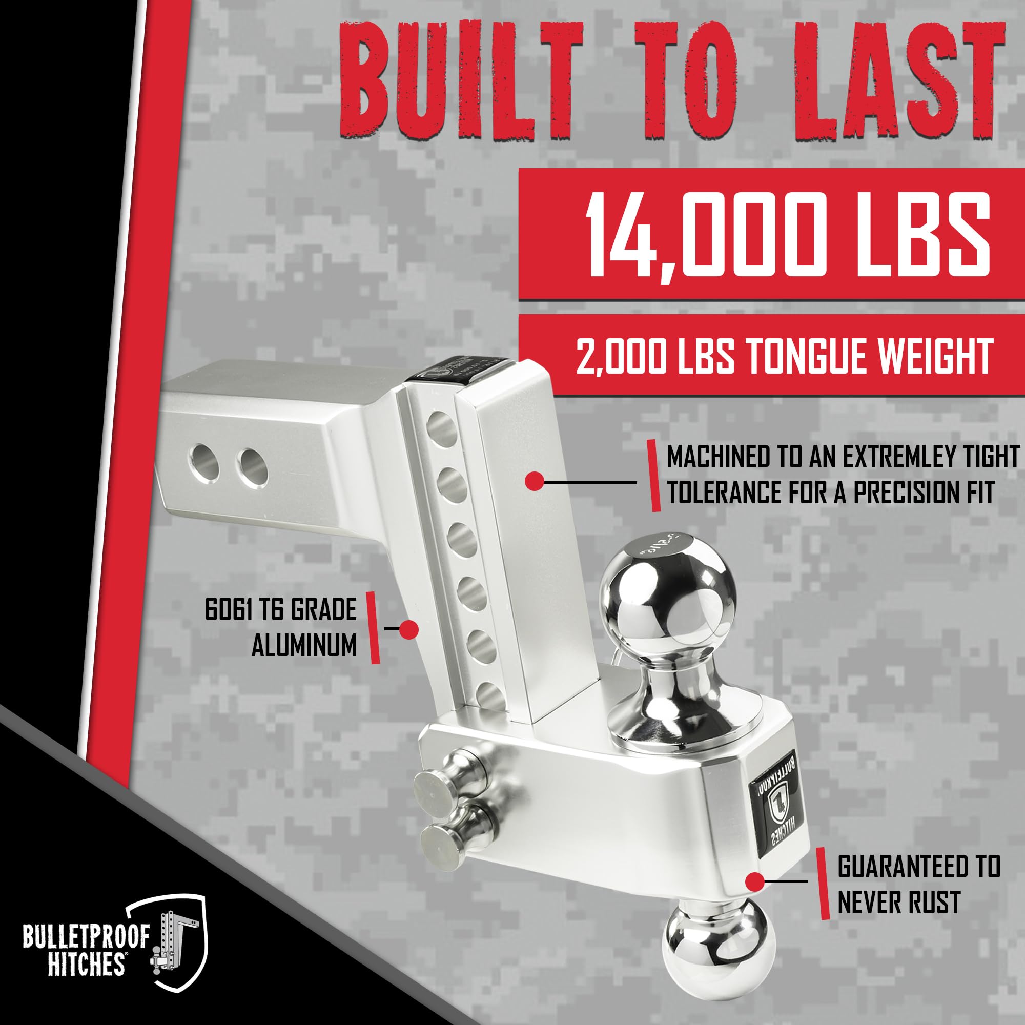 2.5" Aluminum BulletProof Hitches - Trailer Hitch (14,000 lb. Rating) - Adjustable Hitch with 4" Drop/Rise and 2" & 2-5/16" Dual Ball - Corrosion-Resistant Tow Hitch