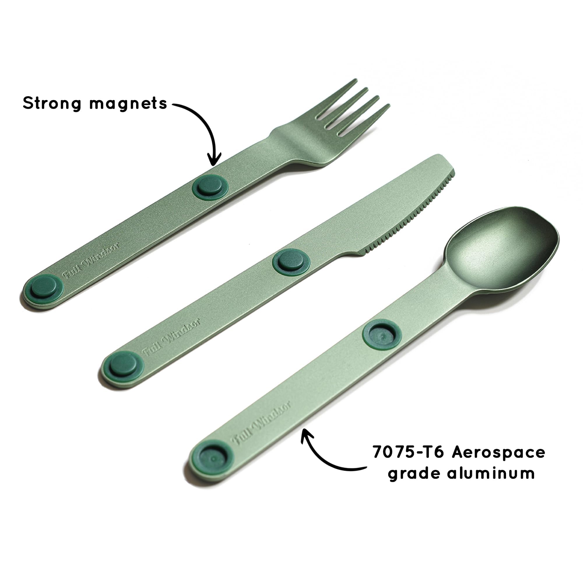 MAGWARE - FULL WINDSOR Magnetic Camping Cutlery Set - Travel Utensils for Camping, Cooking, and Outdoor Dining - Knife, Fork & Spoon - Portable Silverware with Pouch - Green (3 PCS)