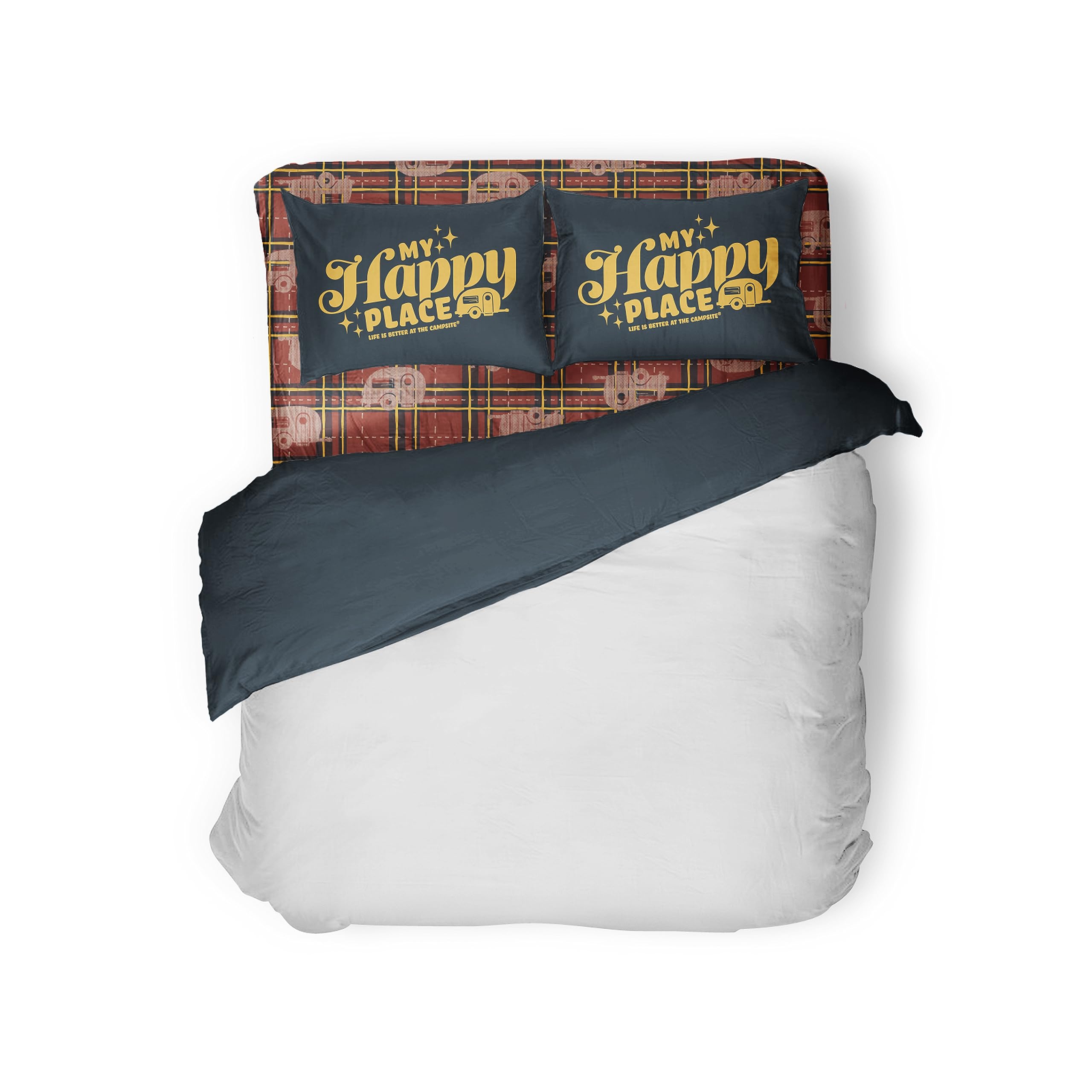 Camco Bed Sheet Set Life is Better at The Campsite | for RV King-Size Beds | Made Entirely of Polyester & Machine Washable | Features a Red Plaid My Happy Place Vintage-Inspired Look (53118)