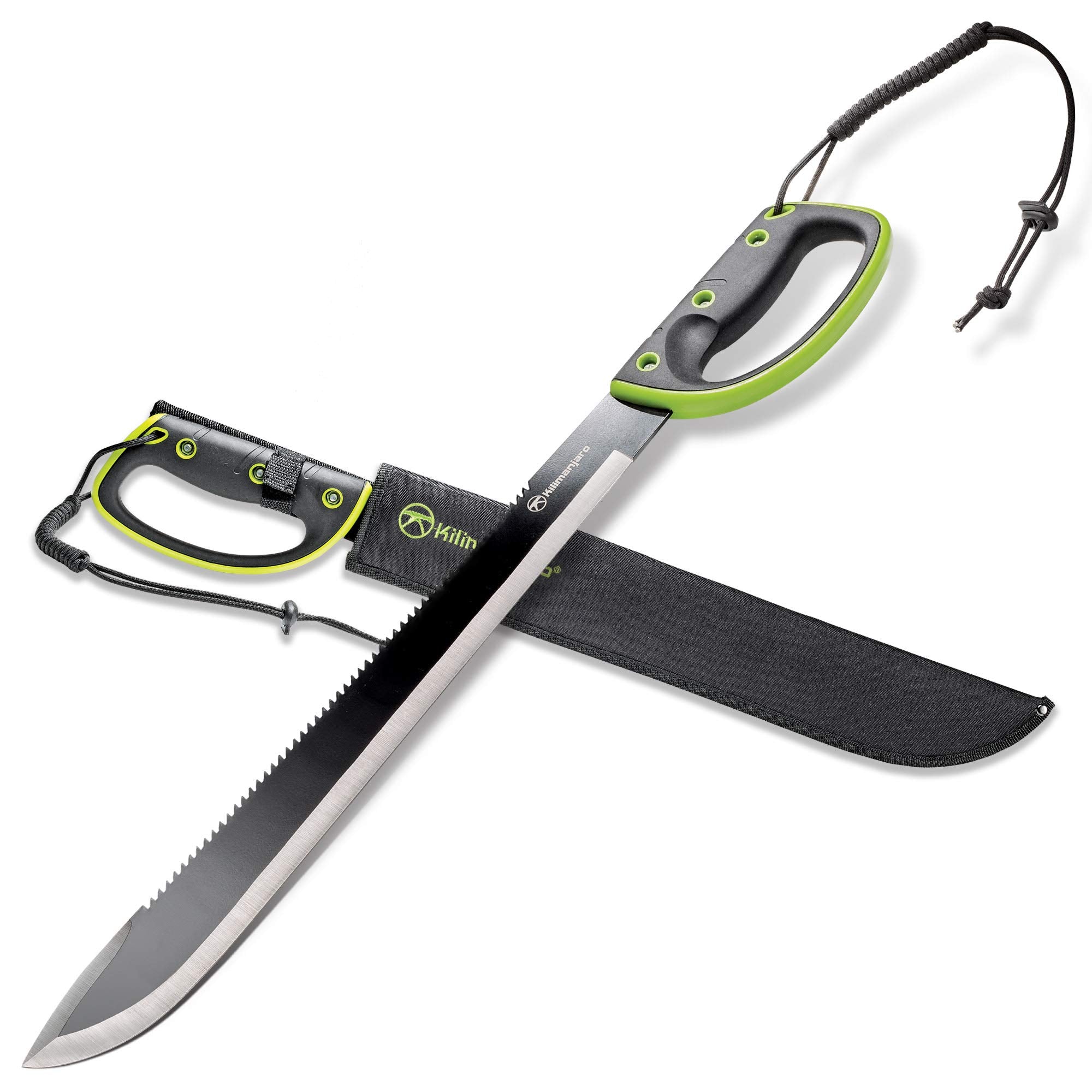 Kilimanjaro 24 Inch Serrated Machete Knife, Drop Point Tip to Saw Cut Branches, Clearing Brush, Gardening, Hiking, Outdoors Black Finish 910039