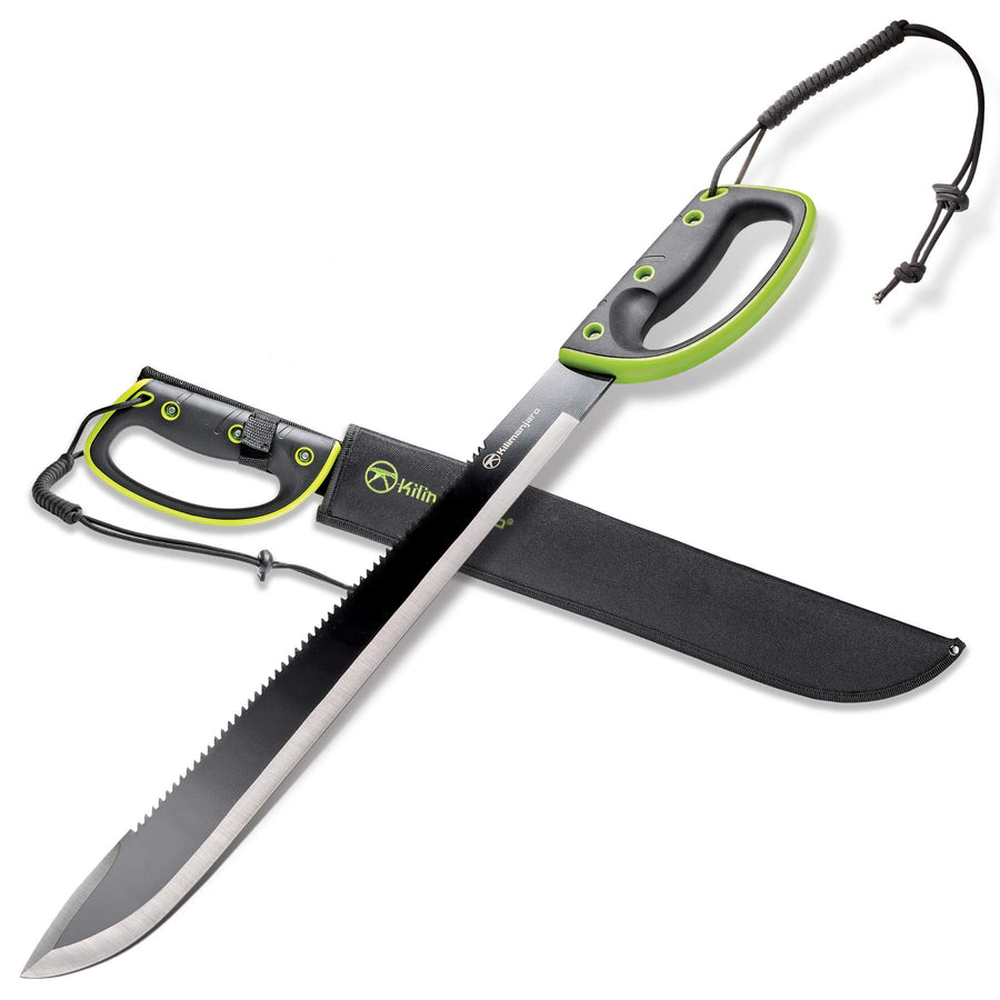 Kilimanjaro 24 Inch Serrated Machete Knife, Drop Point Tip to Saw Cut Branches, Clearing Brush, Gardening, Hiking, Outdoors Black Finish 910039
