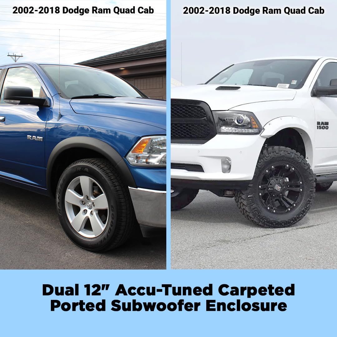 Atrend Dual 12" Ported Accu-Tuned Carpeted Subwoofer Enclosure for 2002-2018 Dodge Ram Quad Cab | Optimal Bass Response | OEM-Fit | High-Grade MDF Construction | Airtight Seal