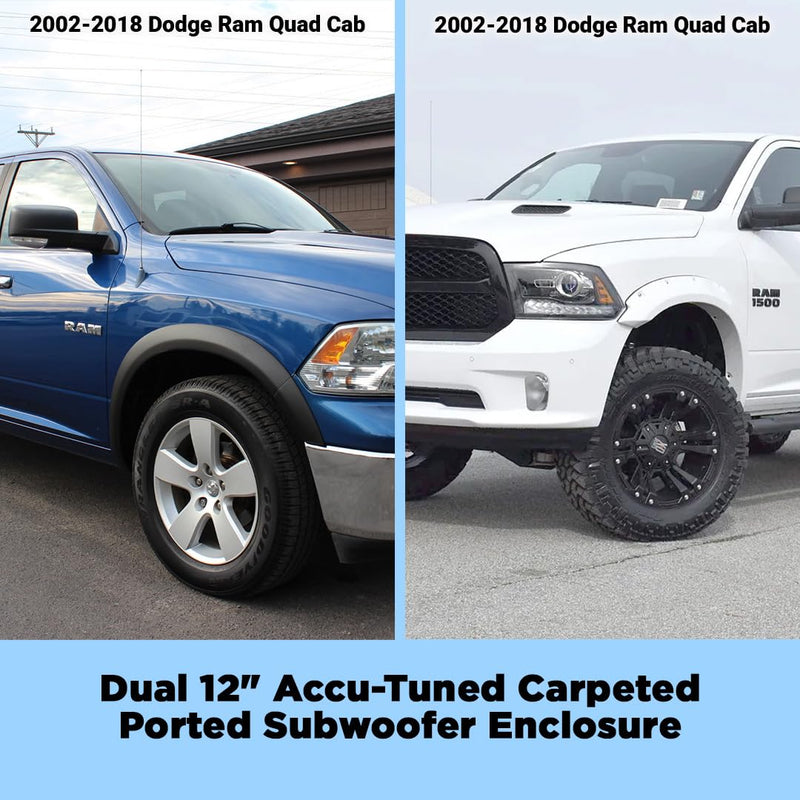 Atrend Dual 12" Ported Accu-Tuned Carpeted Subwoofer Enclosure for 2002-2018 Dodge Ram Quad Cab | Optimal Bass Response | OEM-Fit | High-Grade MDF Construction | Airtight Seal