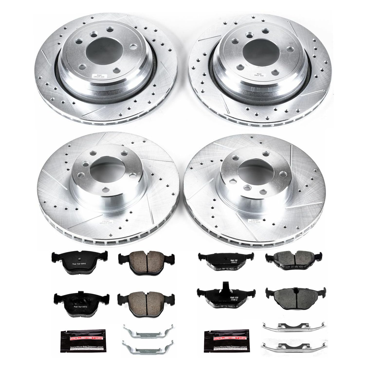 Power Stop K945 Z23 Carbon Fiber Brake Pads with Drilled & Slotted Brake Rotors Kit Front and Rear and 1 Front & 1 Rear Sensor Wires