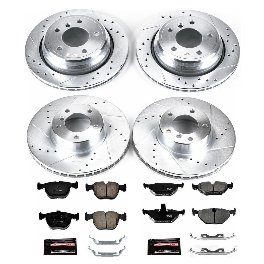Power Stop K945 Z23 Carbon Fiber Brake Pads with Drilled & Slotted Brake Rotors Kit Front and Rear and 1 Front & 1 Rear Sensor Wires
