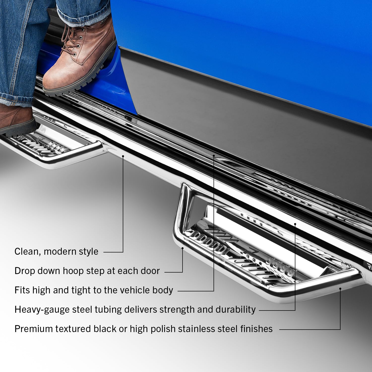 Podium SS Steps N-Fab | Polished Stainless Steel, Wheel-to-Wheel w/ Bed Access | HPD1594QC-6-SS | Fits 2015.5-2018 Dodge RAM 1500 Classic Model Quad Cab 6.4' Standard Bed, SRW Gas