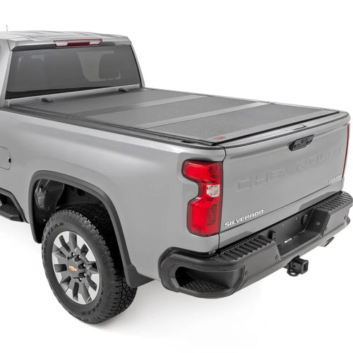 Rough Country Truck Bed Hard Flip-Up Tonneau Cover for Chevy Silverado & GMC Sierra 2500HD/3500HD (2020-2025) - Aluminum Tri-Fold Bed Cover, Fits 6'9 (82.2") Bed